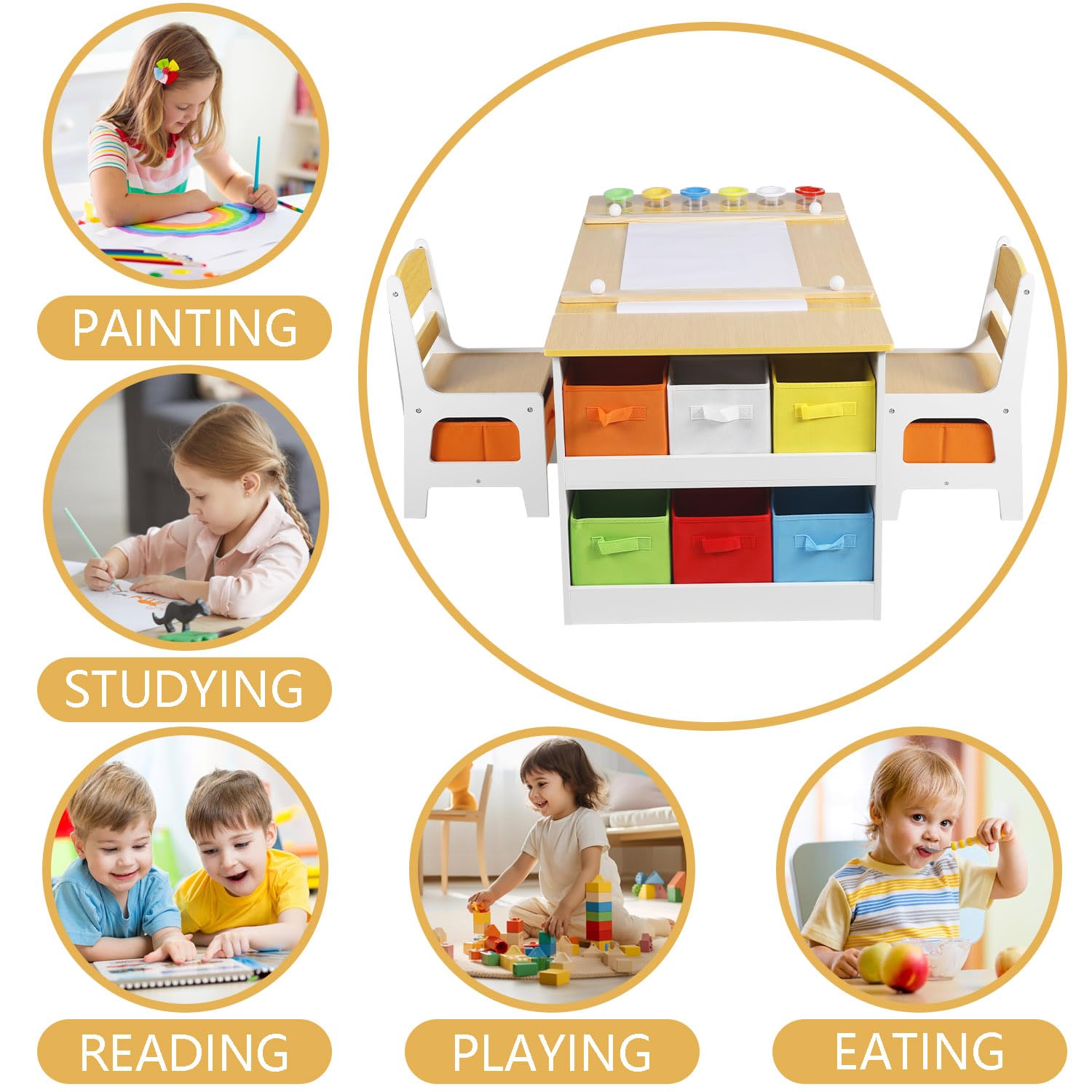 Kinder King 3-in-1 Kids Art Table & Easel Chair Set - Wooden Children's Activity Table with 6 Storage Bins, Paper Roll & Paint Cups - Perfect for Playroom, Homeschooling & Creative Learning (Natural Wood)