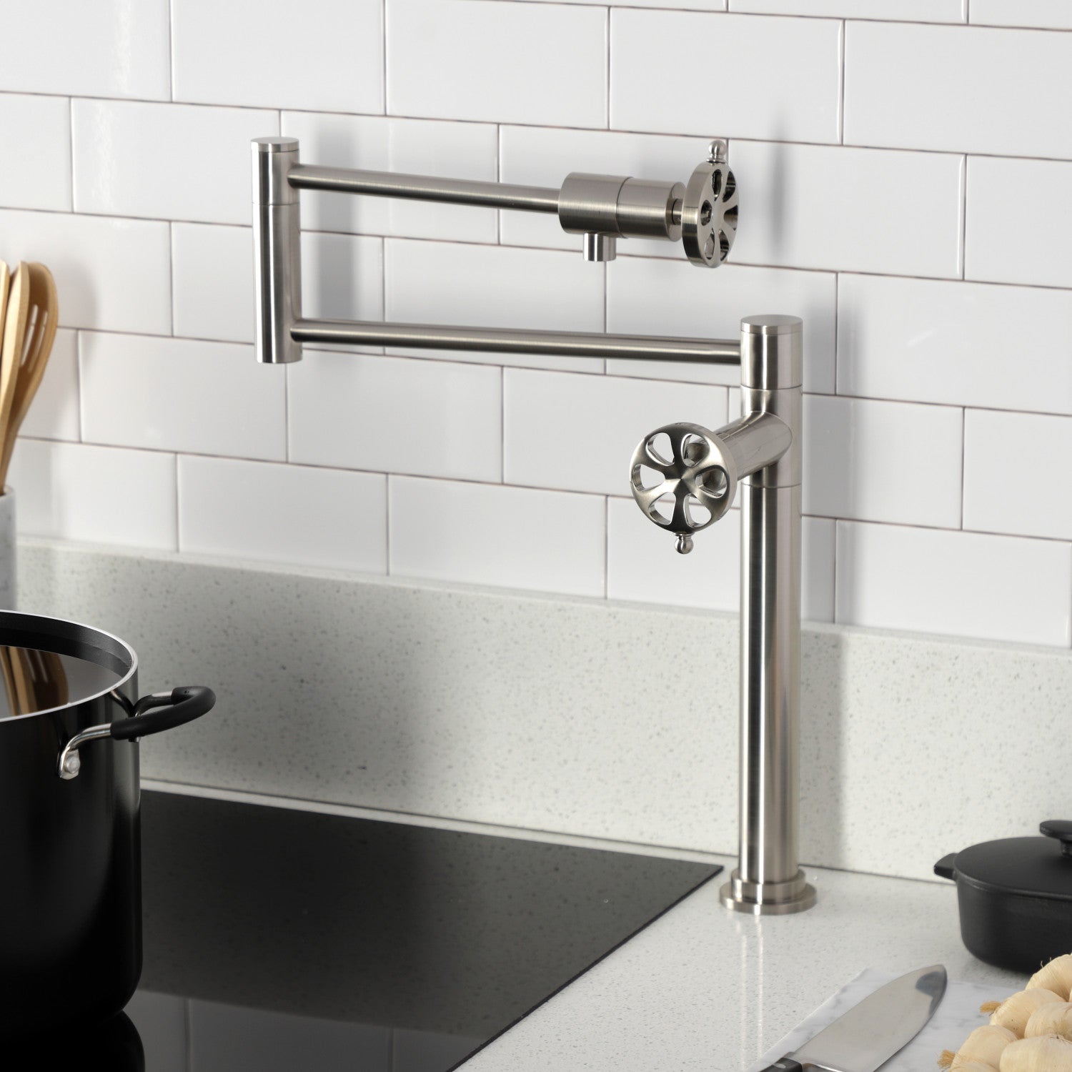 Belknap KS4708RX Brushed Nickel Two Handle Deck Mount Pot Filler Faucet - Perfect for Kitchen Sink, Stove & Cooking Area