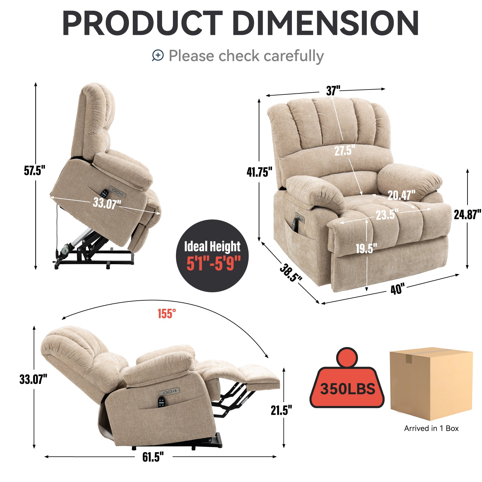 Extra Wide 23-Inch High Back Large Beige Chenille Power Lift Recliner Chair with 8-Point Vibration Massage & Lumbar Heating - Perfect for Living Room, Home Theater & Elderly Comfort