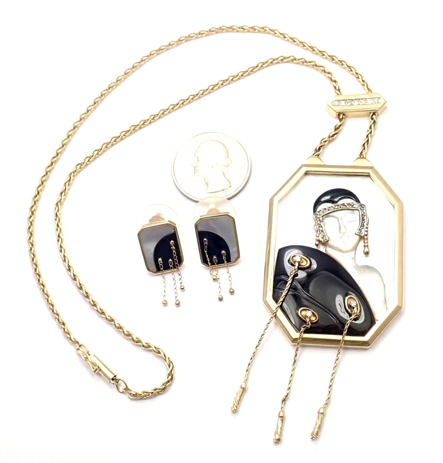 14k Yellow Gold Diamond Onyx Mother of Pearl Necklace & Earrings Set for Women - Elegant Jewelry Gift for Wedding, Anniversary & Special Occasions
