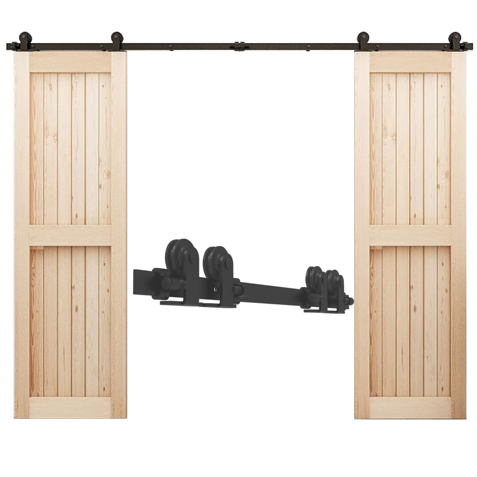 5FT Heavy Duty Sliding Track Double Barn Door Hardware Kit - T-Shaped Style Black for Rustic Farmhouse & Industrial Home Decor