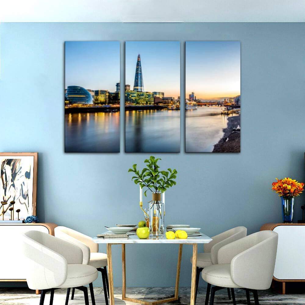 Blaverr Financial District London The Shard Gherkin Dusk Skyline Canvas Wall Art - 3 Panel Modern Painting for Living Room & Bedroom Decor - Stretched Framed Ready to Hang Home Office Wall Decor - Perfect for Apartments, Hotels & Office Spaces