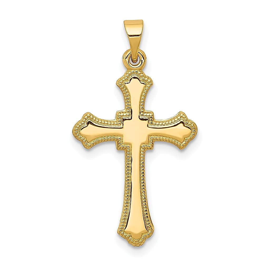 14K Yellow Gold Budded Cross Religious Pendant Charm Necklace with Fleur De Lis - Elegant Fine Jewelry for Women - Perfect Gift for Her - Ideal for Church, Weddings & Special Occasions