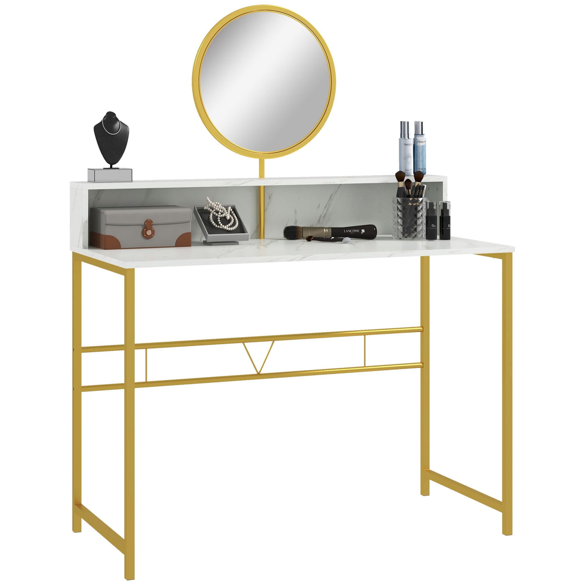 Modern Vanity Makeup Desk with Mirror - White & Gold Dressing Table with Open Storage, Faux Marble Finish & Steel Frame for Bedroom | Perfect for Makeup Organization, Beauty Routine & Small Space Decor