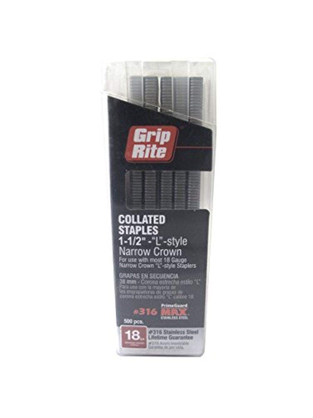 Grip Rite Prime Guard MAXB64912 1-1/2-inch 316 Stainless Steel 18 Gauge L-Style Narrow Crown Staple, 500 per Belt Clip - Ideal for Outdoor Woodworking and Marine Applications