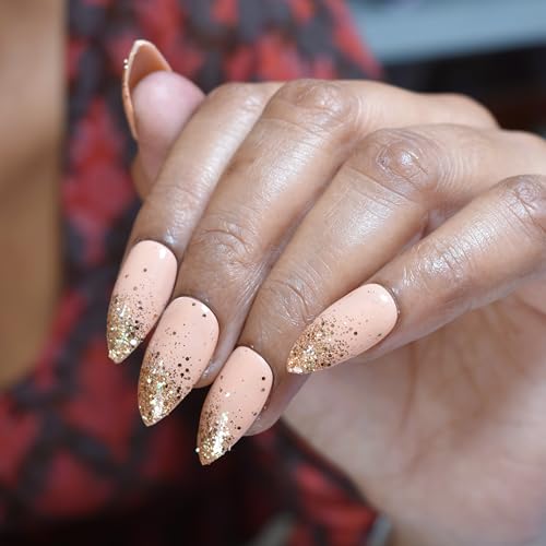 Shhagan Almond Glossy Golden Glitter Ombre Press On Nails Kit - Easy to Apply Fake Nails with Glue & Tools - Perfect for Parties, Weddings & Special Occasions