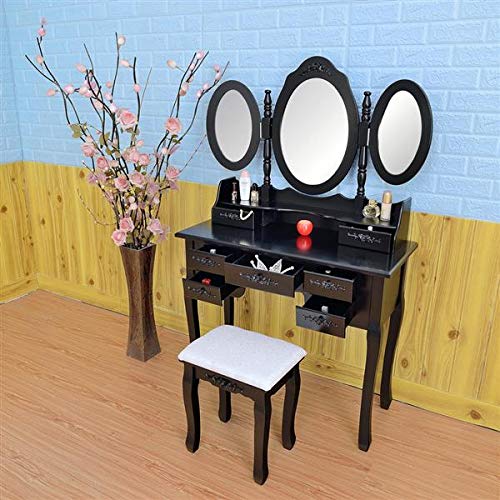 Vanity Set with Tri-Folding Mirror & 7 Drawers - Makeup Dressing Table with Cushioned Stool - Easy Assembly for Women & Girls - Perfect for Bedroom, Bathroom & Dressing Room Organization