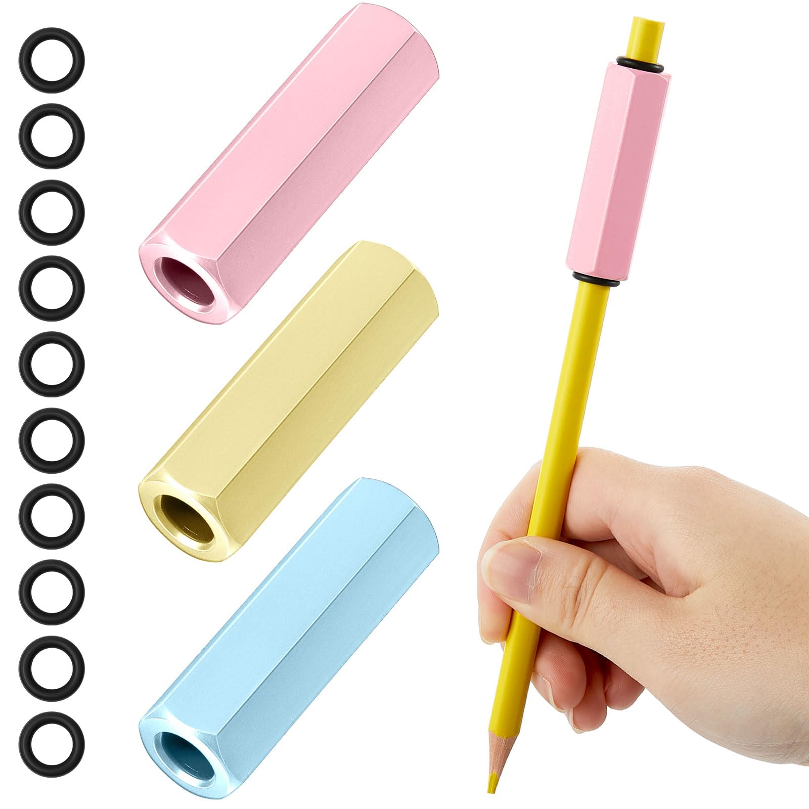 Gersoniel 3-Piece Colorful Metal Pencil Weights Set - Handwriting Aid for Autism Learning, Pencil Grip Helper (Pink, Light Yellow, Light Blue) - Perfect for Classroom, Therapy & Home Writing Practice