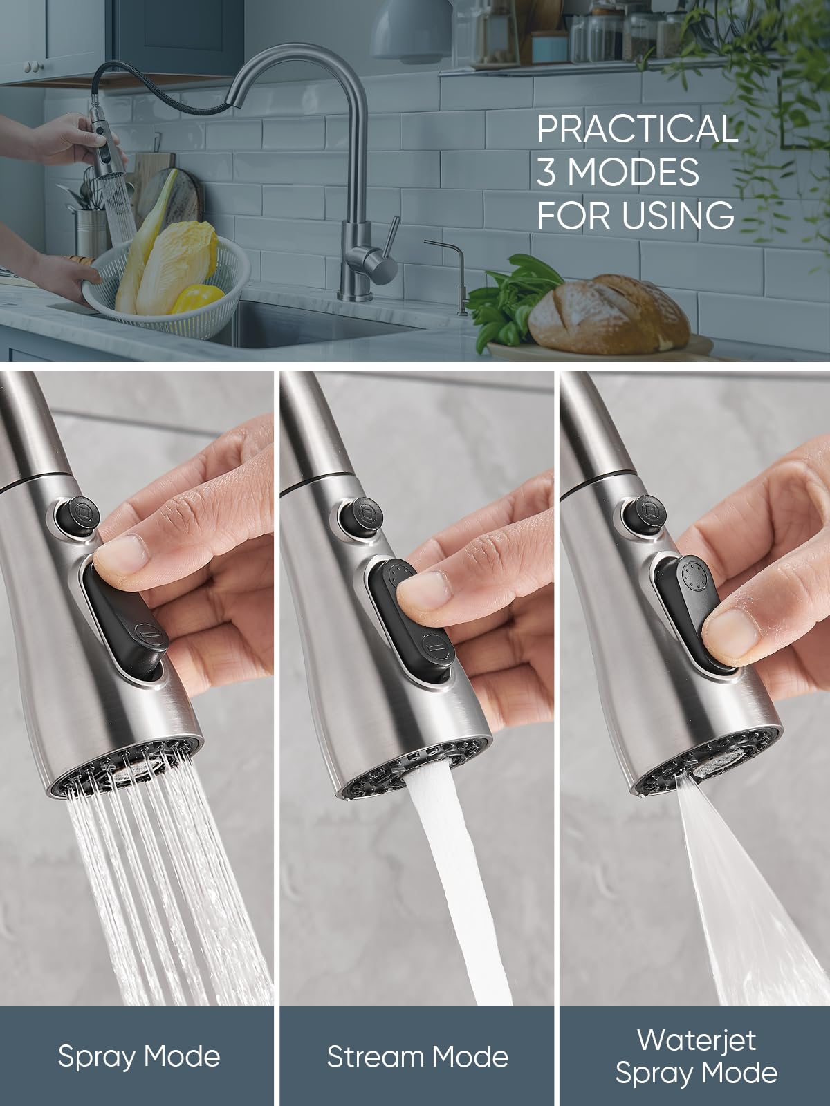 Cobbe Kitchen Faucet Head Replacement - 3 Function Pull Down Spray Head for Kitchen Sink Faucet with 12 Adapters, Brushed Nickel (Fits American Standard) - Perfect for Dishwashing, Food Prep & Deep Cleaning