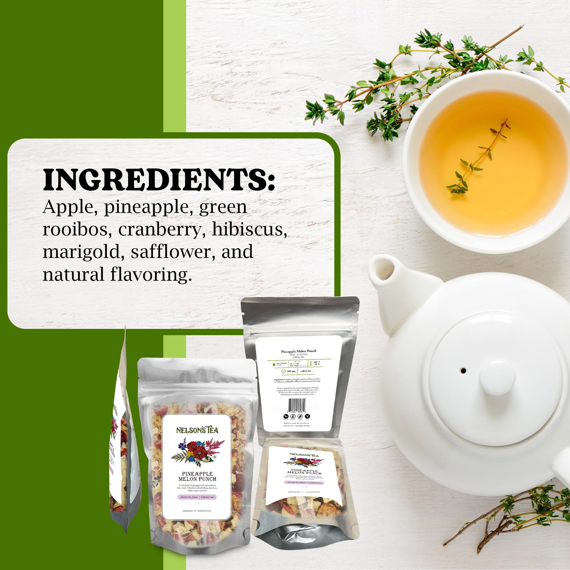 Nelson's Tea Pineapple Melon Punch - Premium Loose Leaf Rooibos Green Tea Blend with Apple, Cranberry, Hibiscus, Marigold & Safflower (16 oz) | Antioxidant-Rich Herbal Tea for Relaxation, Iced Tea & Wellness