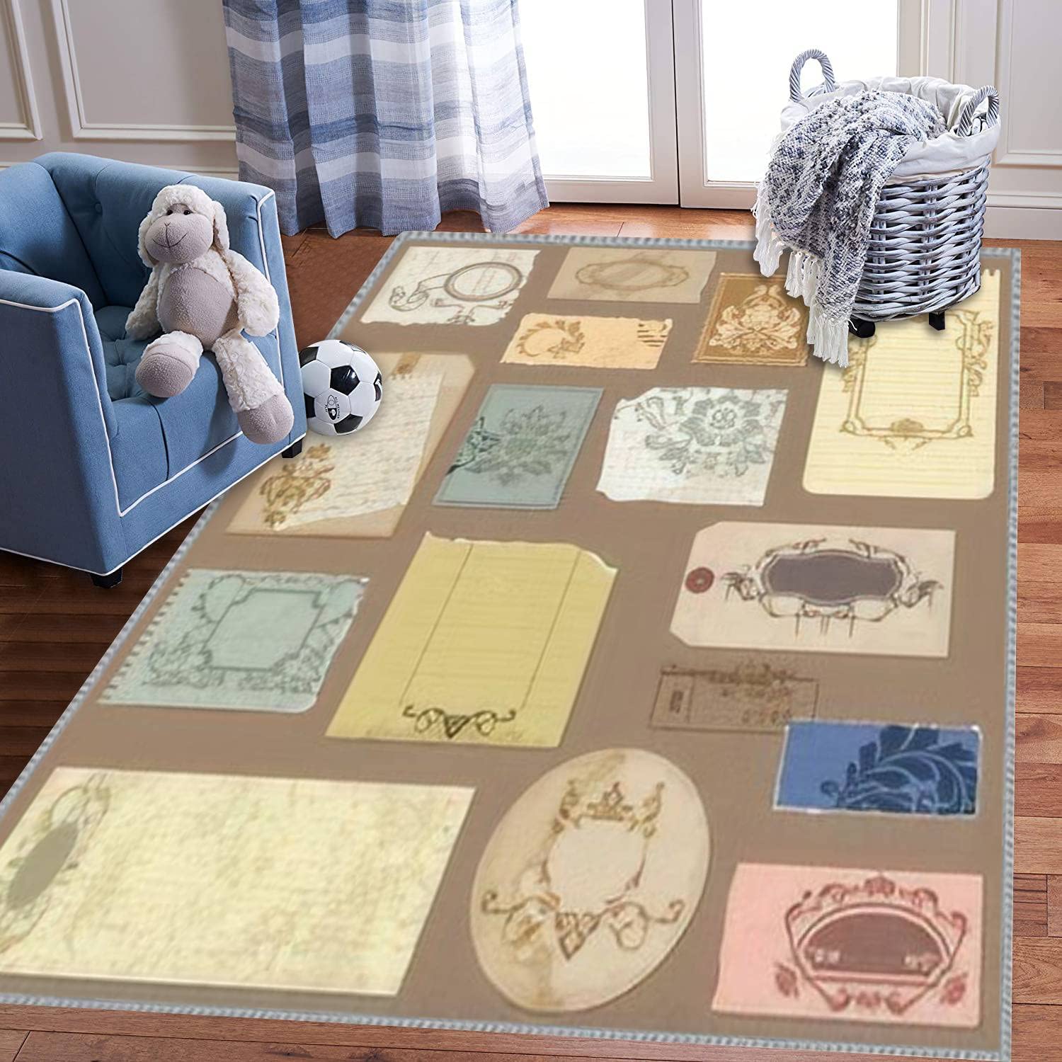 Vintage 3D Kids Play Area Rug Set - Extra Large 5x8 ft Old Paper & Damask Design Carpet for Boys Girls Bedroom, Nursery, Playroom - Perfect for Learning, Playing & Home Décor