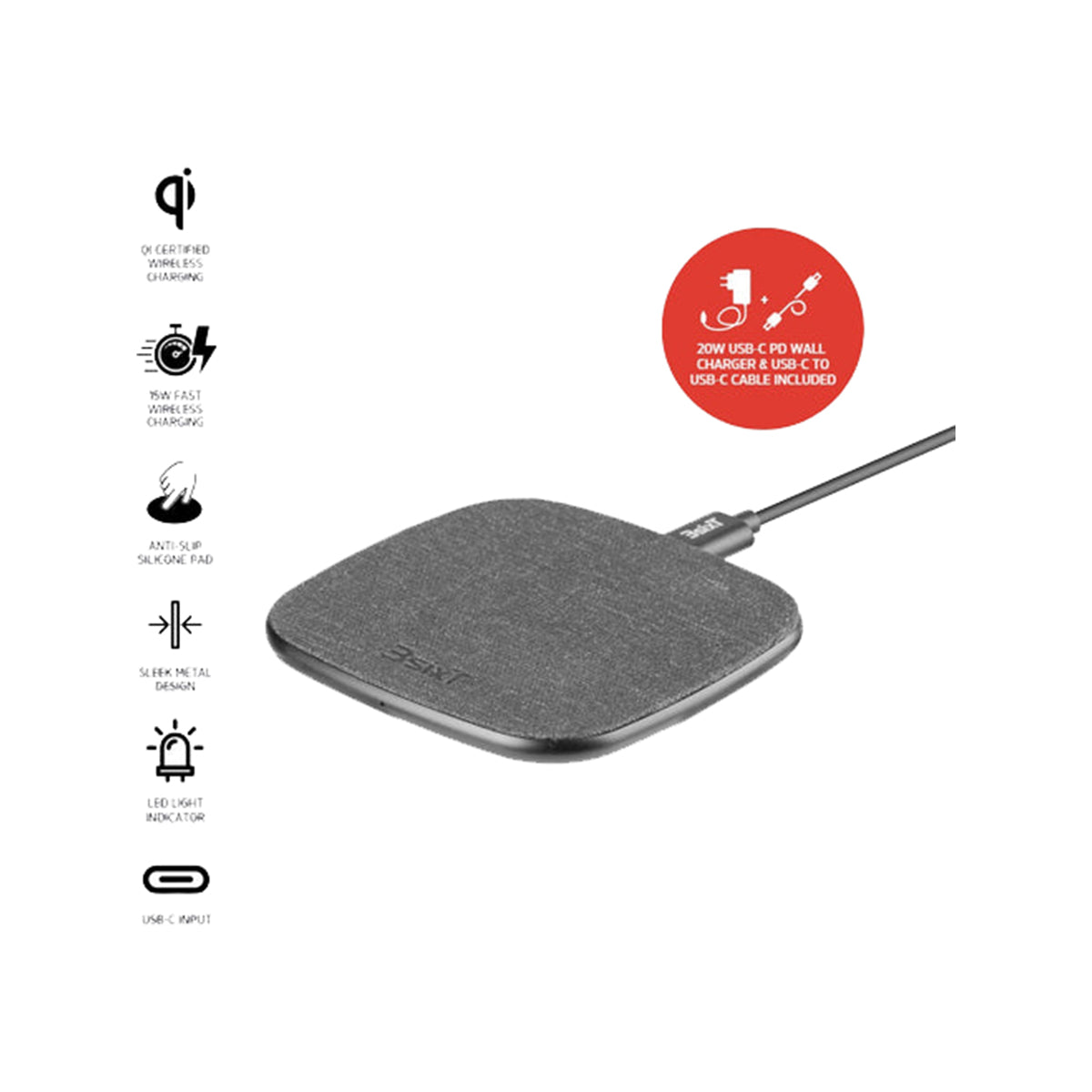 3sixT 15W Fast Wireless Charger for iPhone 15/14/13/12, Samsung Galaxy S23/S22/S21 - Qi Certified Stand for Bedside, Office & Car Use