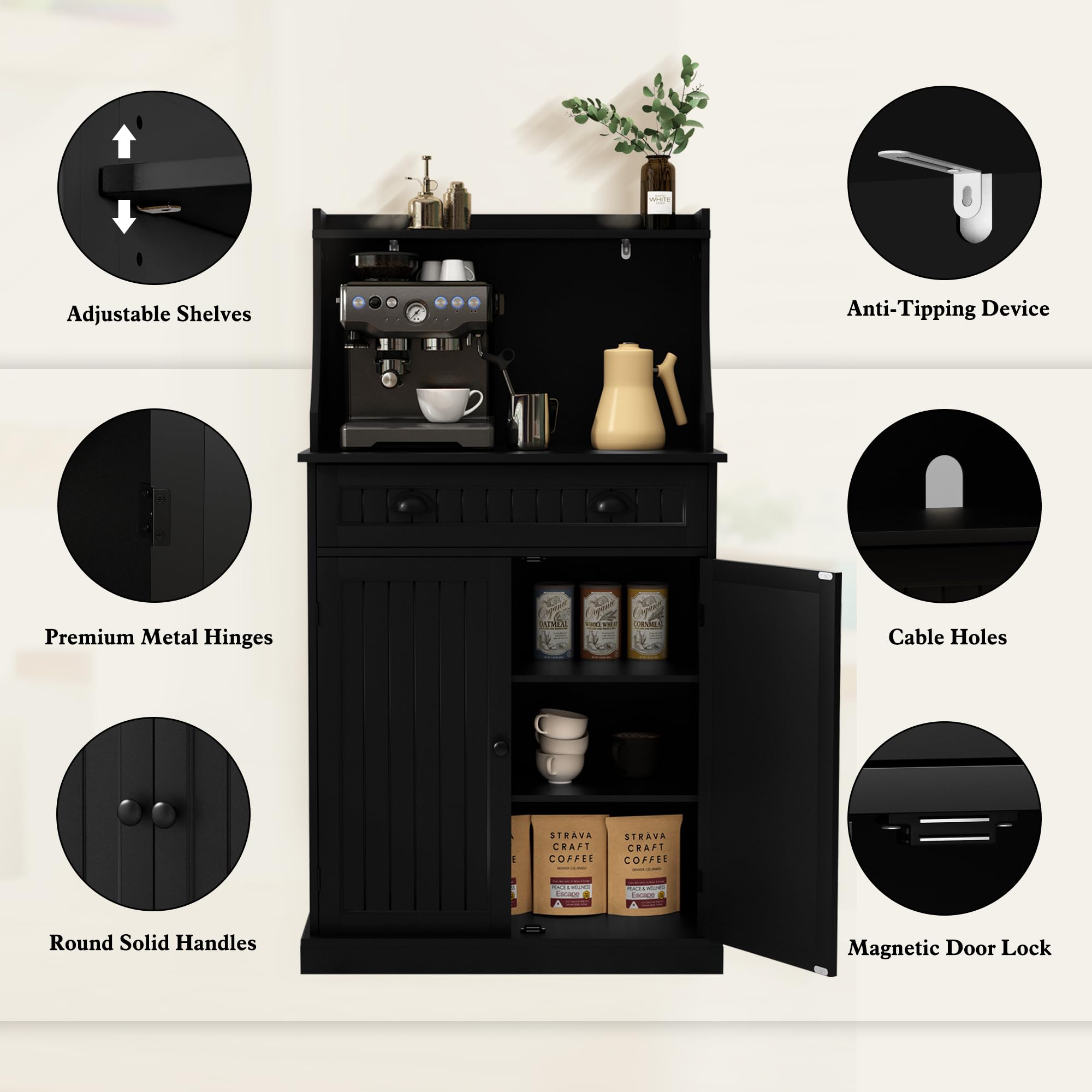 ARTPOWER 54 Inch Kitchen Microwave Stand with Storage Drawers & Adjustable Shelves, Pantry Cabinet with Hutch for Kitchen, Dining Room, Living Room - Perfect for Small Space Organization & Home Decor (Black)