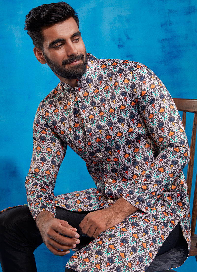 Stylish Multicolor Black Printed Sherwani for Men - Traditional Indian Wedding Attire & Festive Occasions