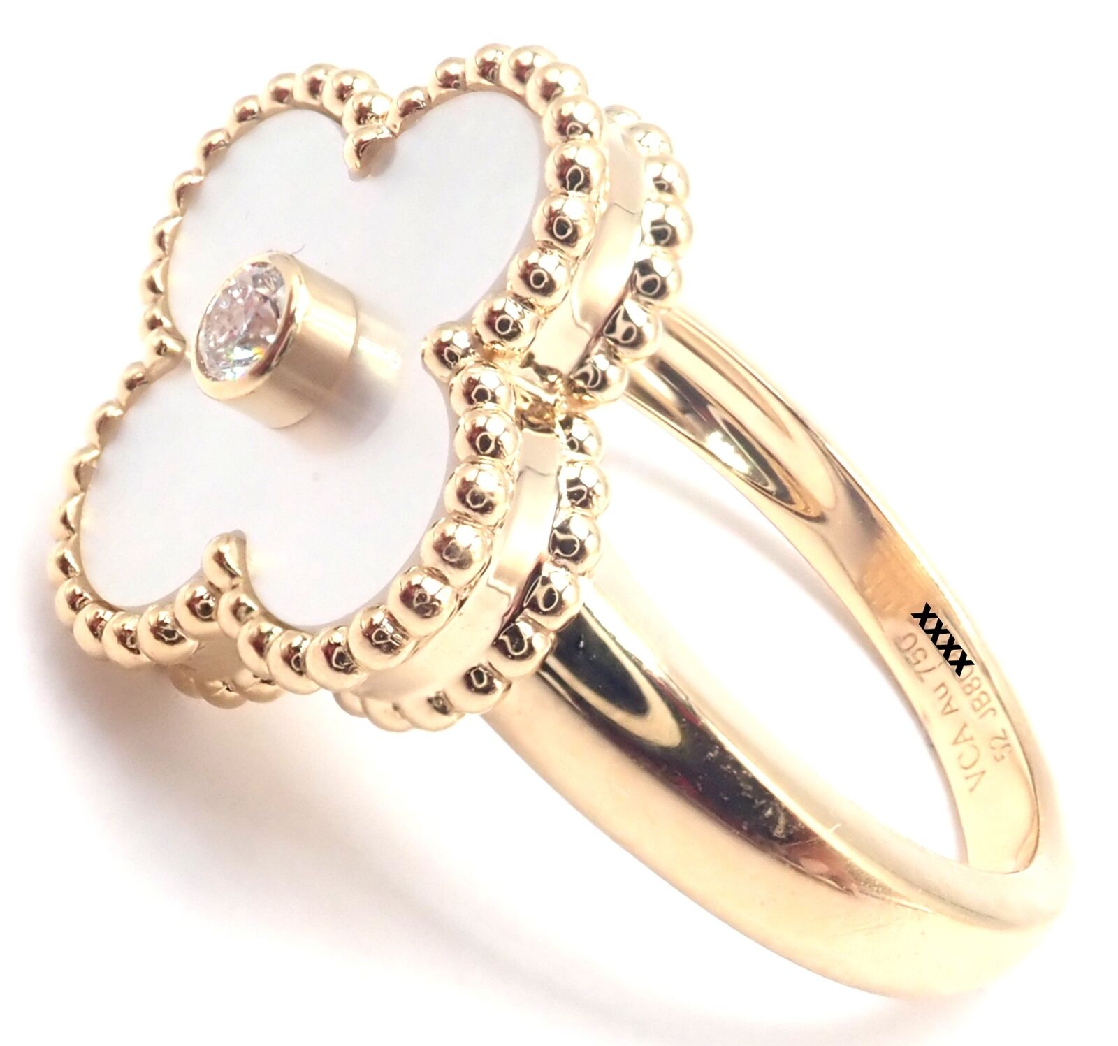 Van Cleef & Arpels Vintage Alhambra 18k Yellow Gold Mother of Pearl Diamond Ring - Luxury Jewelry for Women, Elegant Gift for Anniversary & Special Occasions