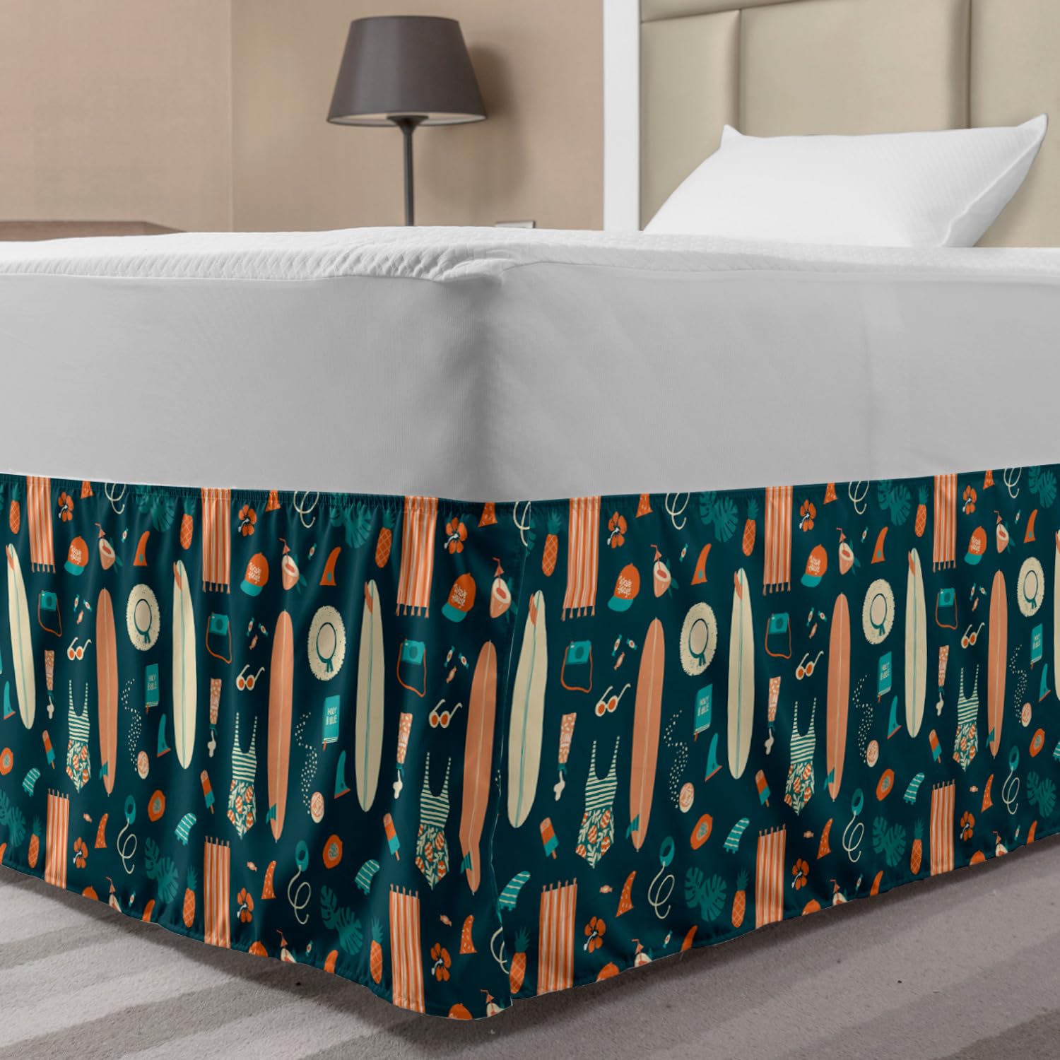 Ambesonne Hawaiian Tropical Beach Theme Bedskirt - Retro Summer Design Wrap Around Elastic Gathered Bed Skirt for Full Size Beds - Teal Salmon Coastal Bedroom Decor | Perfect for Beach House, Vacation Rental & Tropical Themed Bedrooms
