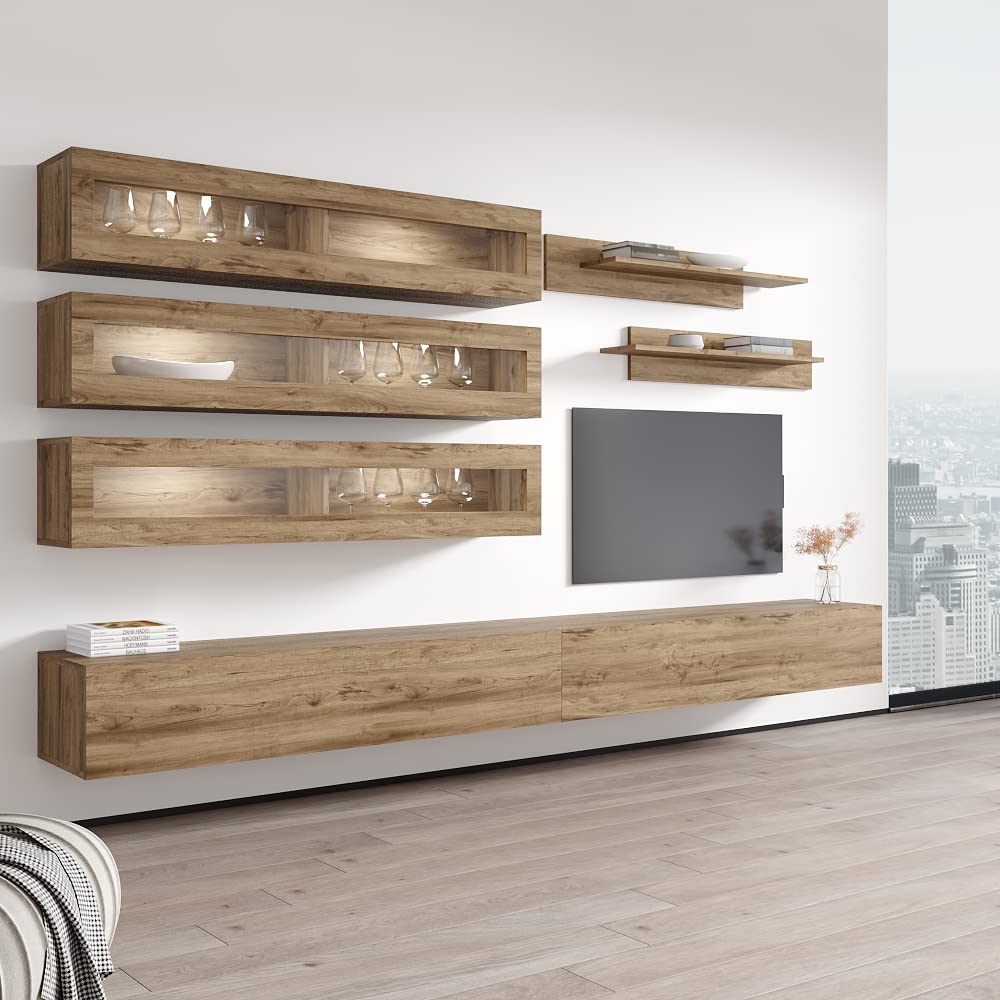 Modern Floating TV Stand with Storage & LED Lights - Wall-Mounted Entertainment Center for Bedroom & Living Room - Oak Wood TV Console with Shelves - Perfect for Small Spaces & Home Theater Setups