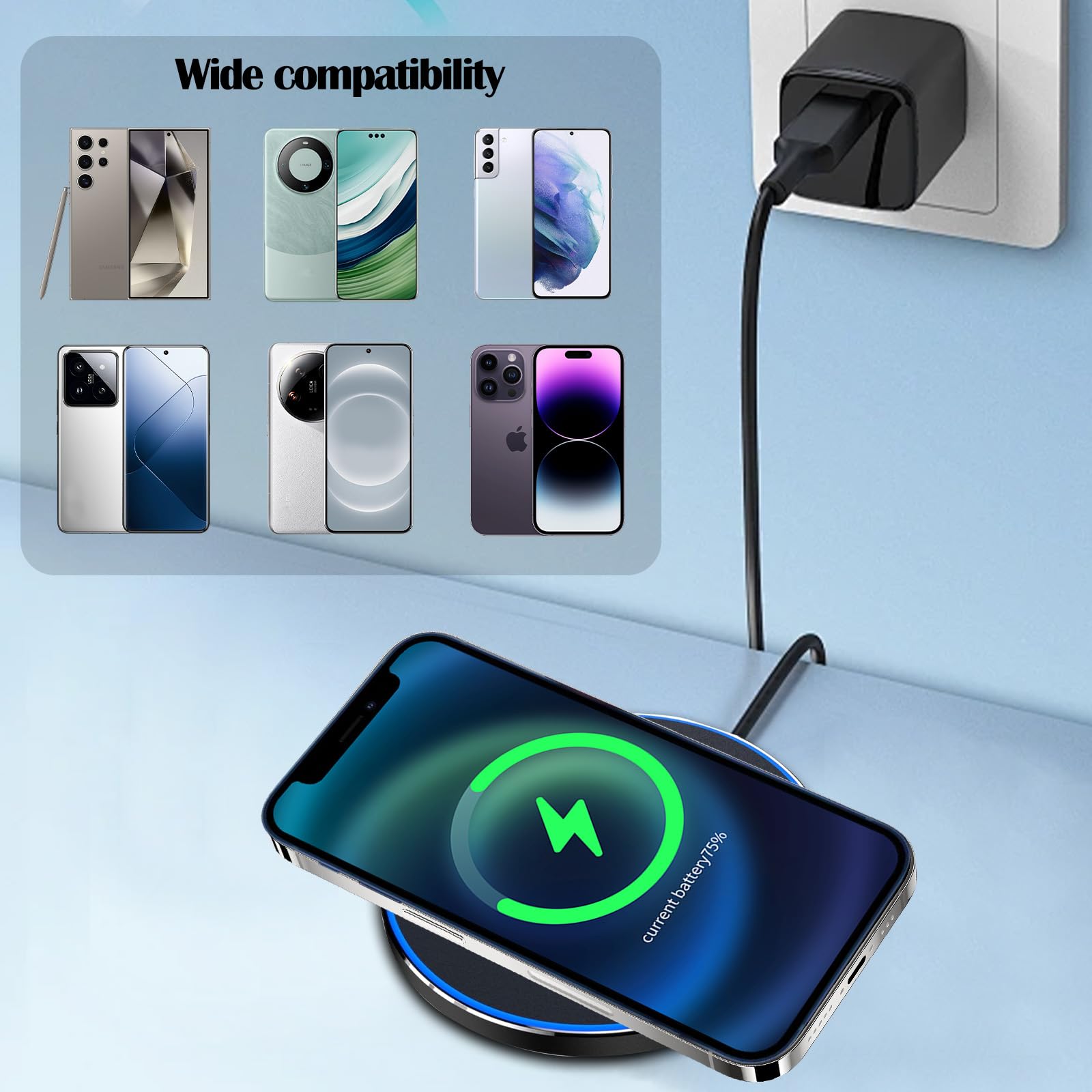 ZUOQIANG 15W Fast Wireless Charger Pad - Compatible with iPhone 14/13/12/11/Pro Max/XR/X/Plus & Samsung Galaxy S23/S22/S21 - Qi Certified Wireless Charging Station for Bedside, Office & Car (Black)