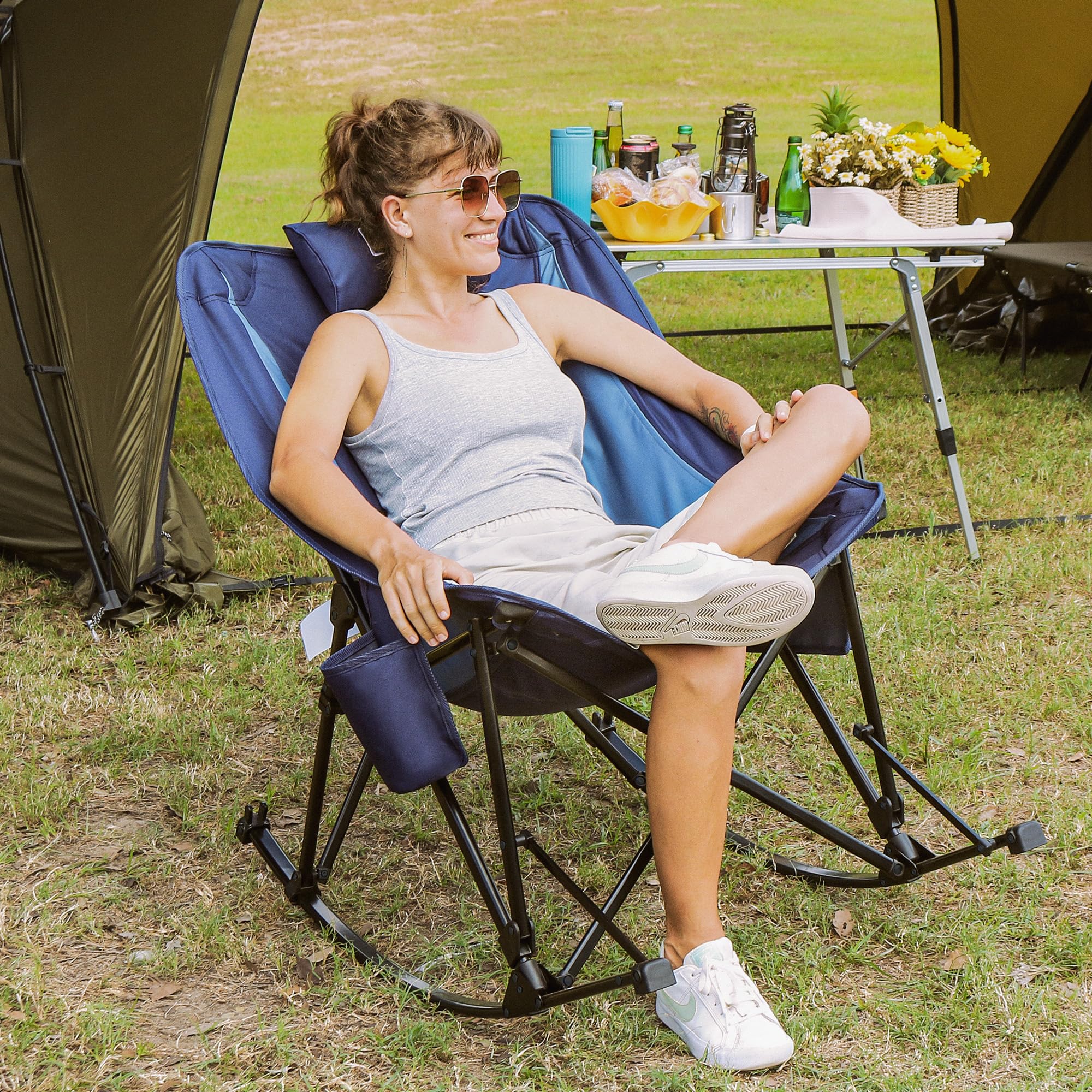 Heavy Duty Oversized Portable Folding Camping Chair with High Back & Side Cup Holders - Blue Outdoor Rocking Chair for Beach, Fishing, Picnic, Concert, Lawn & Travel - Perfect for Relaxing in Backyard, Camping Trips & Outdoor Events