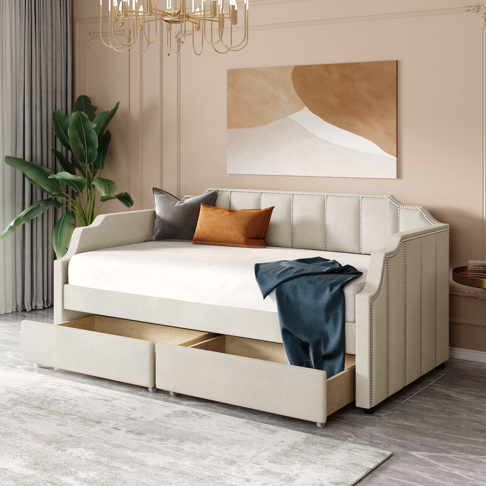 Merax Twin Size Upholstered Velvet Daybed with Storage Drawers - Sofa Bed with Backrest, Wood Slat Support & Riveted Armrests (Beige) | Perfect for Guest Rooms, Small Apartments & Home Offices