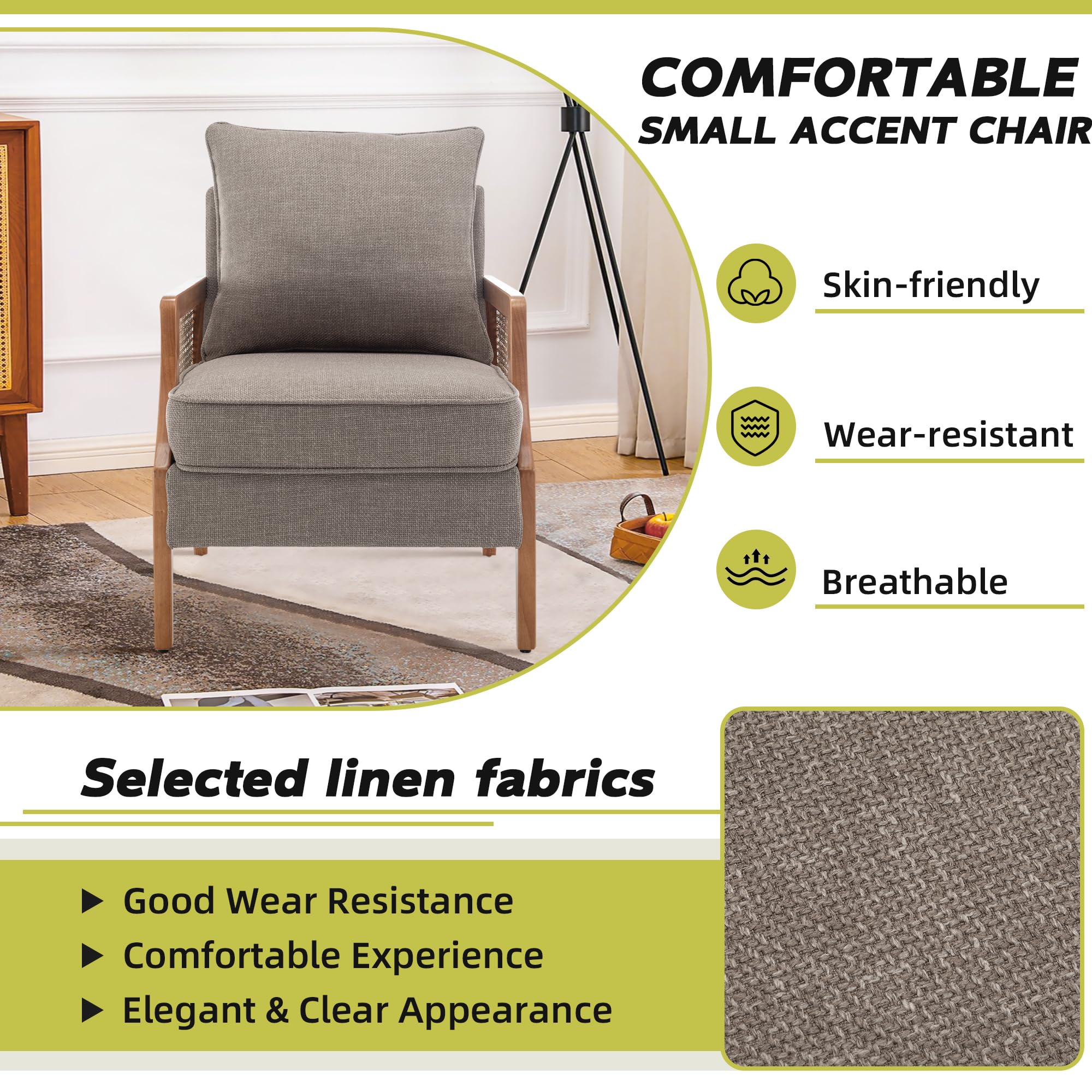 HAOBO Mid Century Modern Accent Chair - Upholstered Living Room Armchair with Rattan Armrest & Wood Frame - Comfortable Lounge Chair with Waist Cushion - Perfect for Reading Nook, Living Room Decor & Cozy Sitting Area
