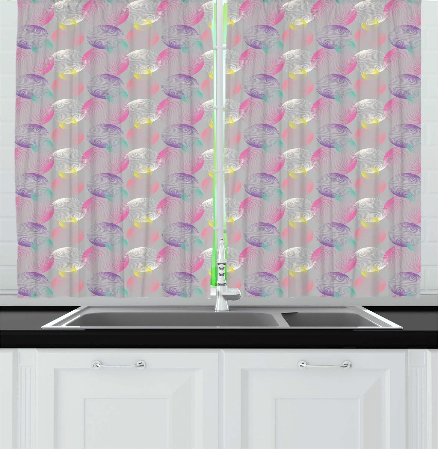 Ambesonne Abstract Long Kitchen Curtains - Modern Striped Circles & Bubbles Design, 2 Panel Rod Pocket Drapes for Windows, 55