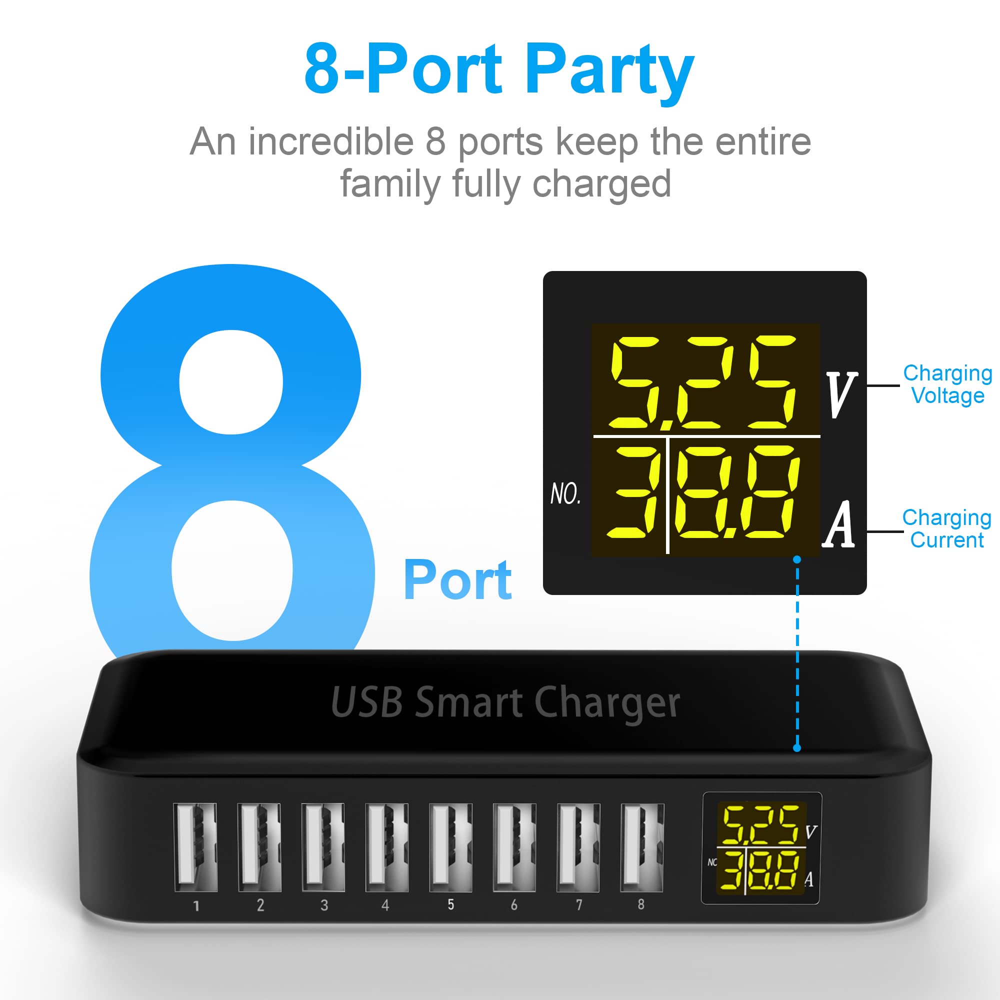 8-Port USB Charging Station with LED Display - Fast Multi USB Wall Charger Hub for iPhone 15/14/13 Pro Max/12/11/Xs/8/Plus, iPad, Samsung Galaxy S21/S20, Pixel 6 - Perfect for Home, Office & Travel Charging Needs