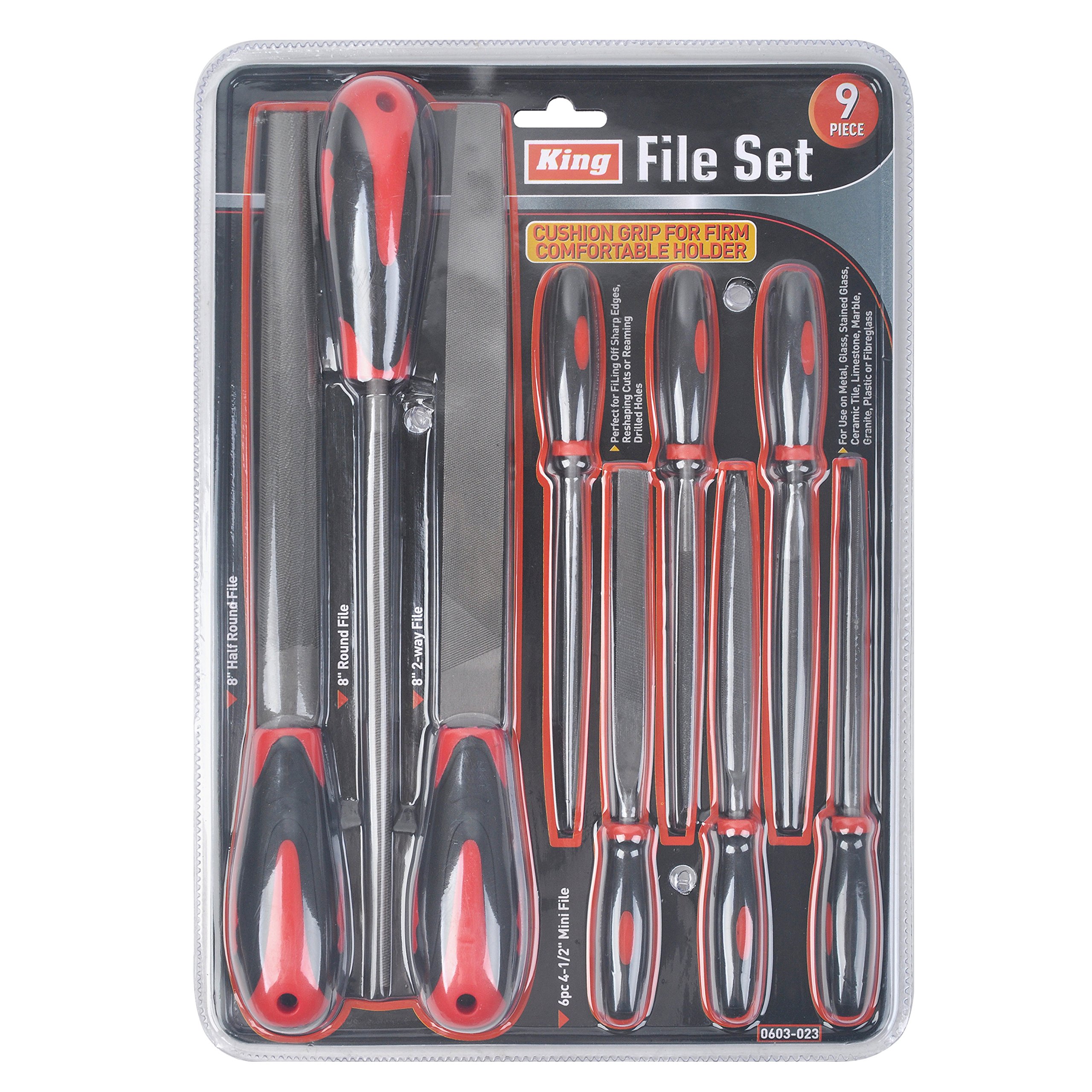 KING Steel File Set with Cushioned Grip Handles - 9-Piece Professional Metal & Woodworking Files Kit (Round, Flat, Half Round, Rasp, Needle Files) for Sharpening, Shaping, and Smoothing Metal, Wood, Plastic - Ideal for DIY Projects, Automotive Repair, and Crafting