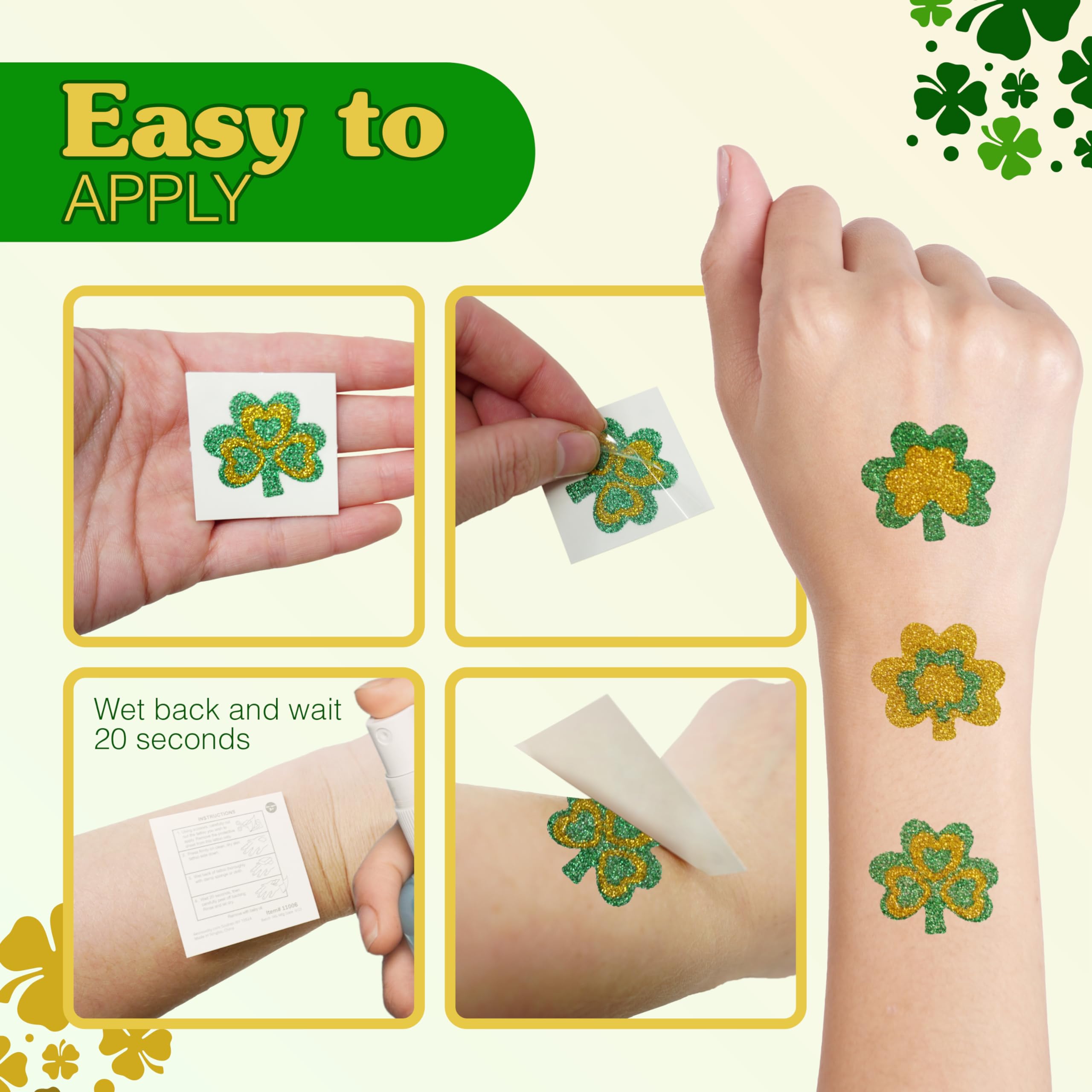 4E's Novelty Shamrock Temporary Tattoos - 24 Pack Glitter St. Patrick's Day Tattoos for Kids & Adults | Irish Party Favors, Face & Body Art | Perfect for Festivals, Parades & Themed Events