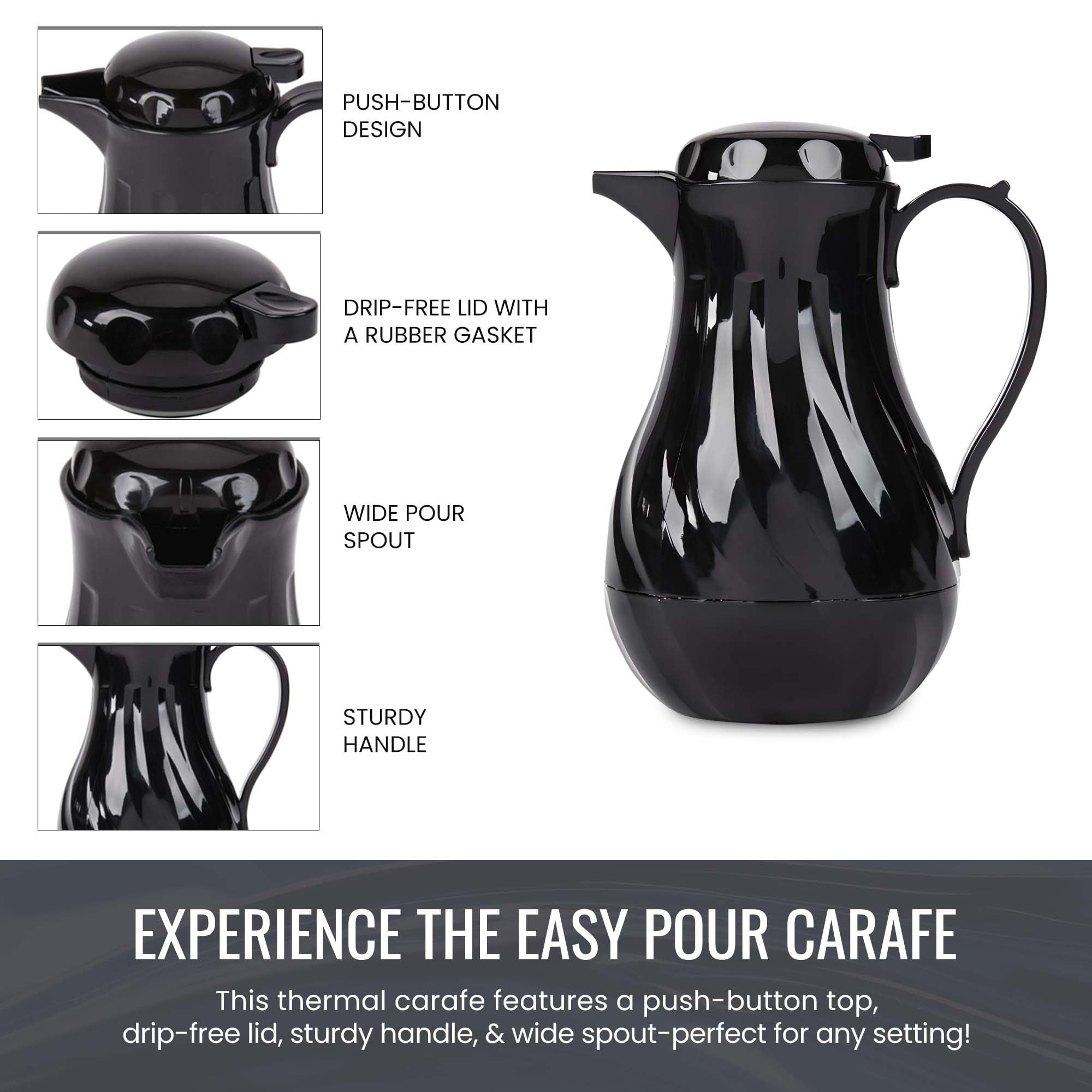 OCS Parts Set of 6 Easy Pour Thermal Coffee Carafes | 10-Inch Insulated Hot & Cold Beverage Pitcher Server for Coffee, Tea, Hot Chocolate & Water | 42-Ounce Capacity | Black | Perfect for Restaurants, Cafes, Offices & Home Use