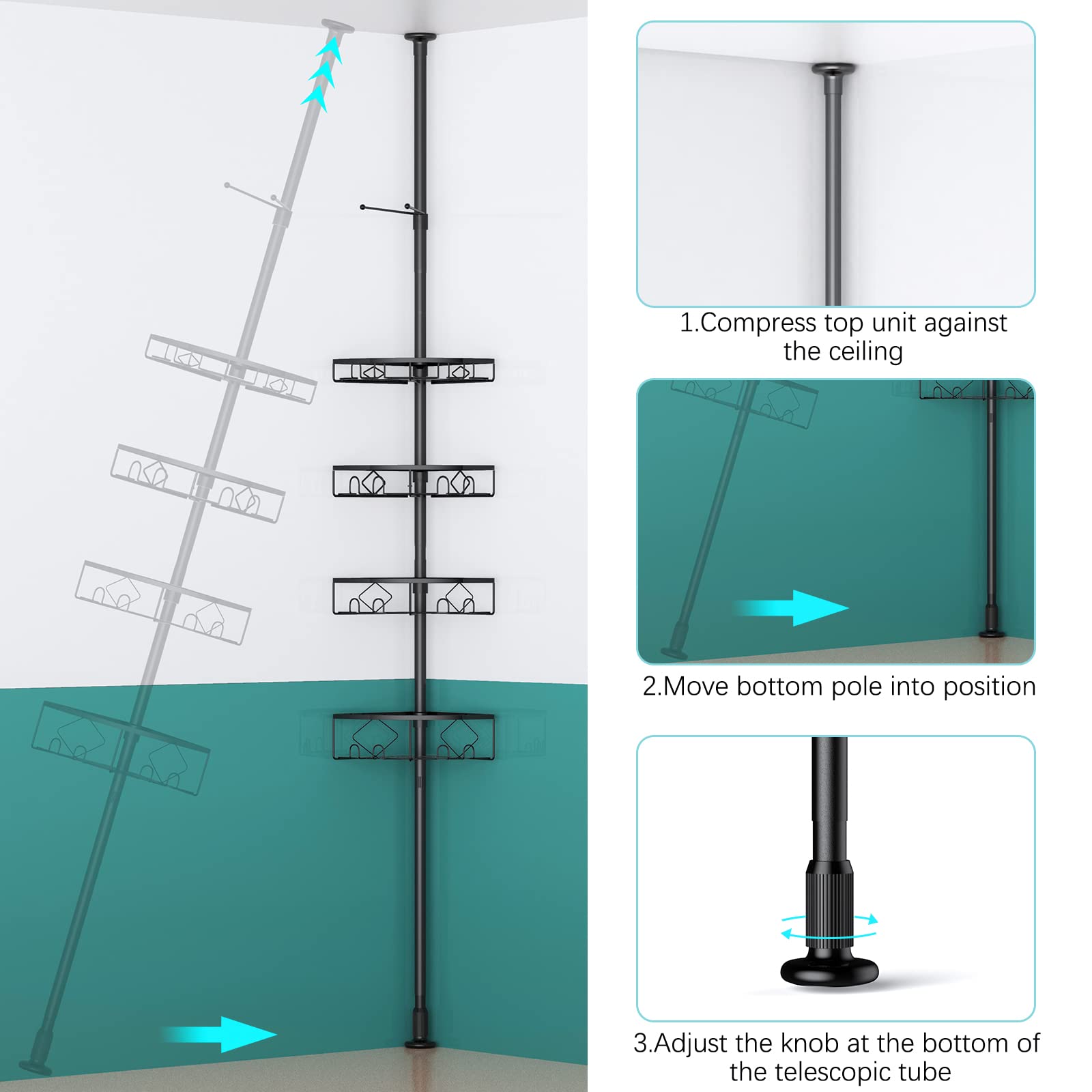 **Kadolina Adjustable Tension Pole Shower Caddy - 4-Tier Bathroom Storage Shelf (53-120 Inch Height) - Space-Saving Shampoo & Bath Accessories Organizer for Bathtub & Shower (Black)**    **Perfect for Small Bathrooms, Apartments, or Dorm Rooms – Maximize Shower Storage Without Drilling!**