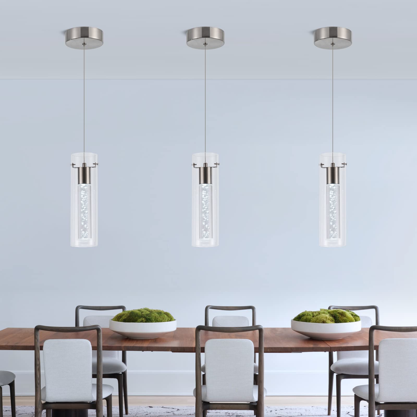 3 Pack Brushed Nickel Pendant Lights - 24W 2100 Lumen 6000K LED Island Lighting for Kitchen, Dining Room & Restaurant | Modern Hanging Fixtures for Home & Commercial Spaces