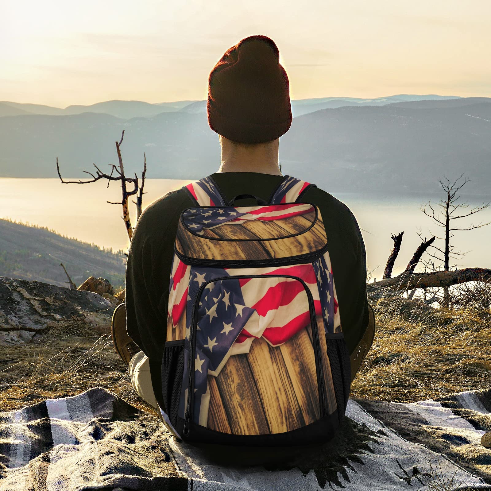 Nander Old Mood American Flag Cooler Backpack - Leakproof, Large Capacity, Insulated Cooler Bag for Lunch, Work, Hiking, Camping, Beach, Fishing, and Outdoor Adventures