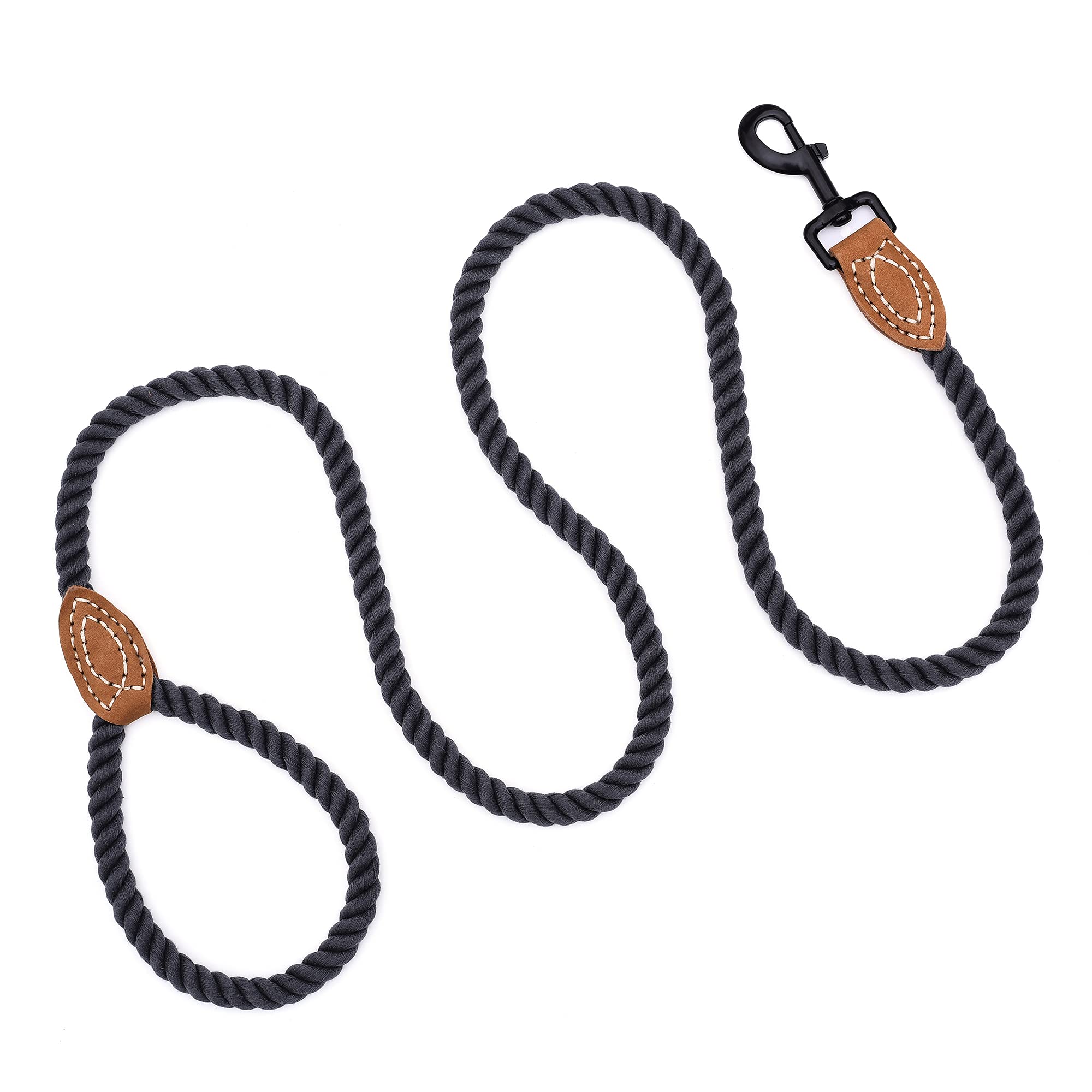 Premium Braided Cotton Rope Dog Leash with Leather Tip - Heavy Duty 4ft Pet Leash with Metal Clasp for Walking, Training & Weddings (Dark Grey, 48 Inches) - Durable Outdoor & Indoor Dog Accessory