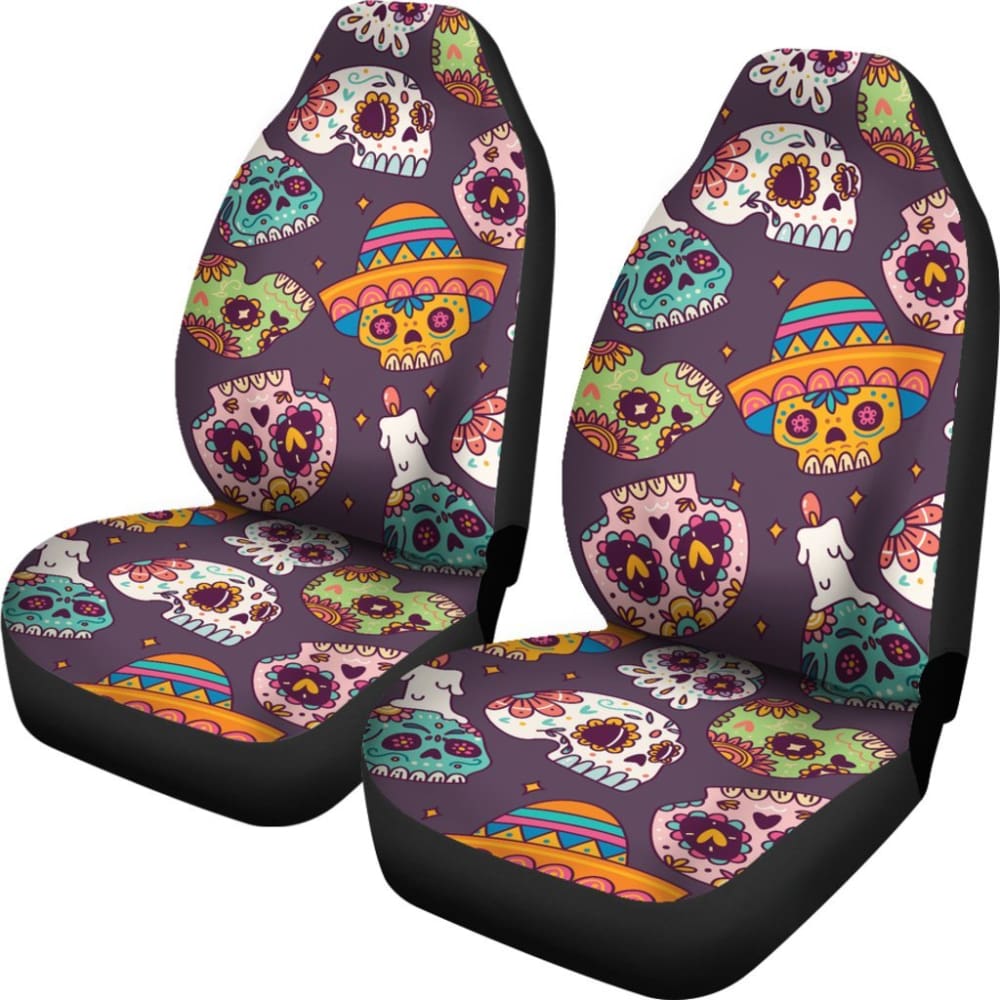 2 Pcs Sugar Skull Seat Covers for Car - Mexican Day of the Dead Design, Universal Fit for Most Vehicles - Perfect for Halloween, Dia de los Muertos & Car Decorations