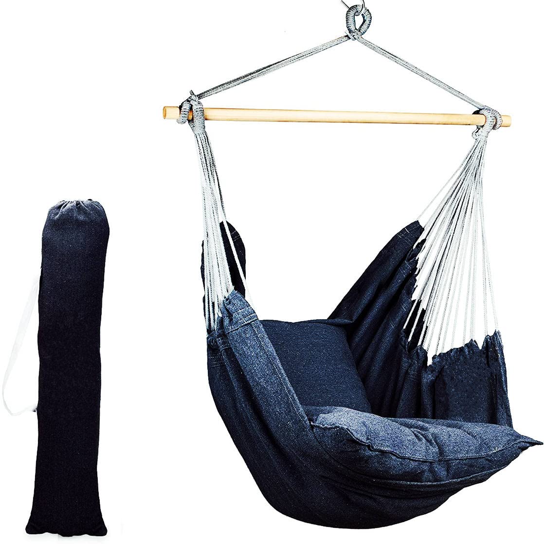 Premium Hanging Hammock Chair with 2 Cushions - Heavy Duty Steel Spreader Bar & Anti-Slip Rings - Supports 300 lbs - Perfect for Indoor, Outdoor, Patio, Garden, and Balcony Relaxation