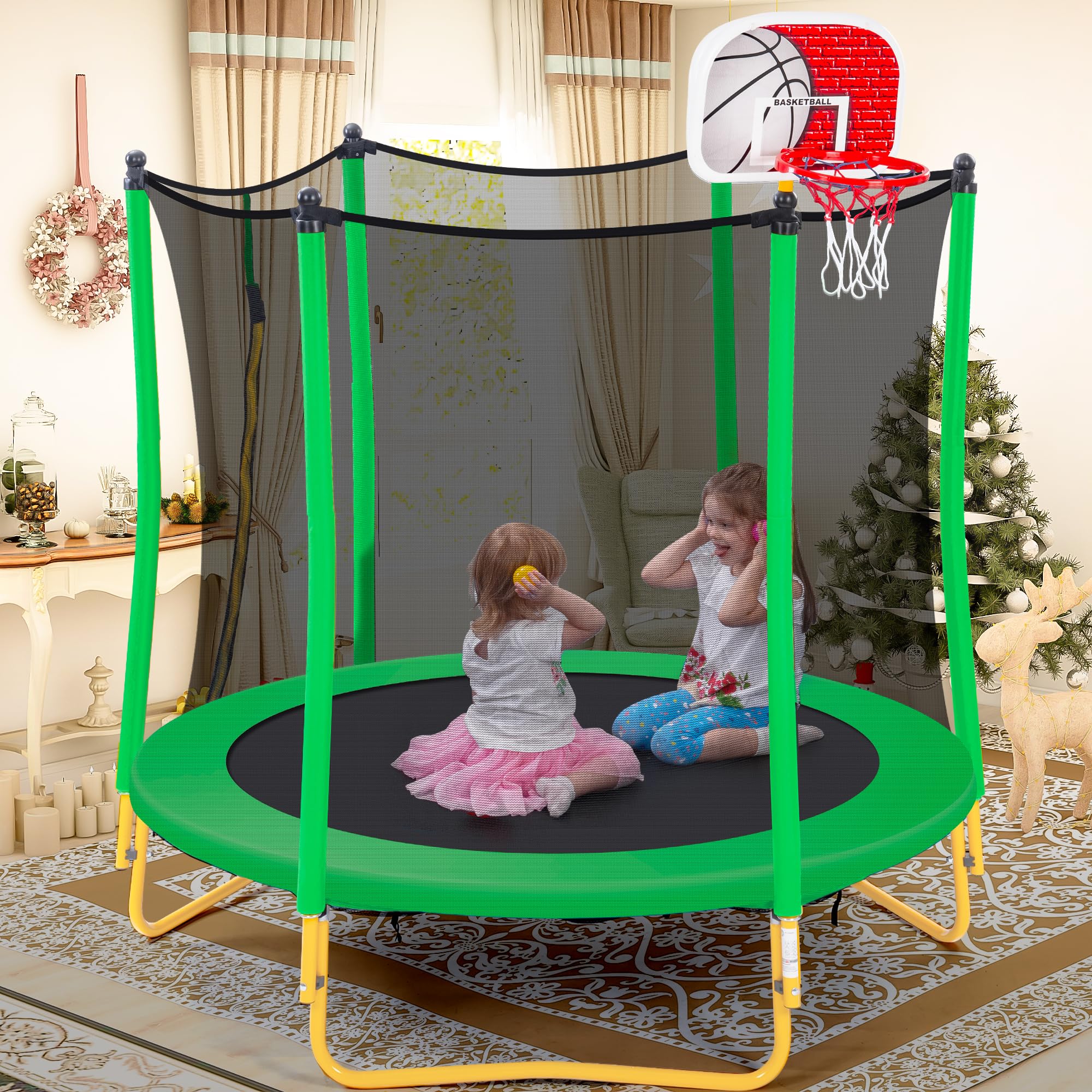 Merax 66'' Kids Trampoline with Basketball Hoop & Safety Enclosure Net - 5.5FT Mini Trampoline for Toddlers Ages 1-8 | Indoor/Outdoor Bounce Toy with Rubber Ball | Perfect Birthday Gift for Active Kids | Great for Backyard Play, Exercise & Birthday Parties