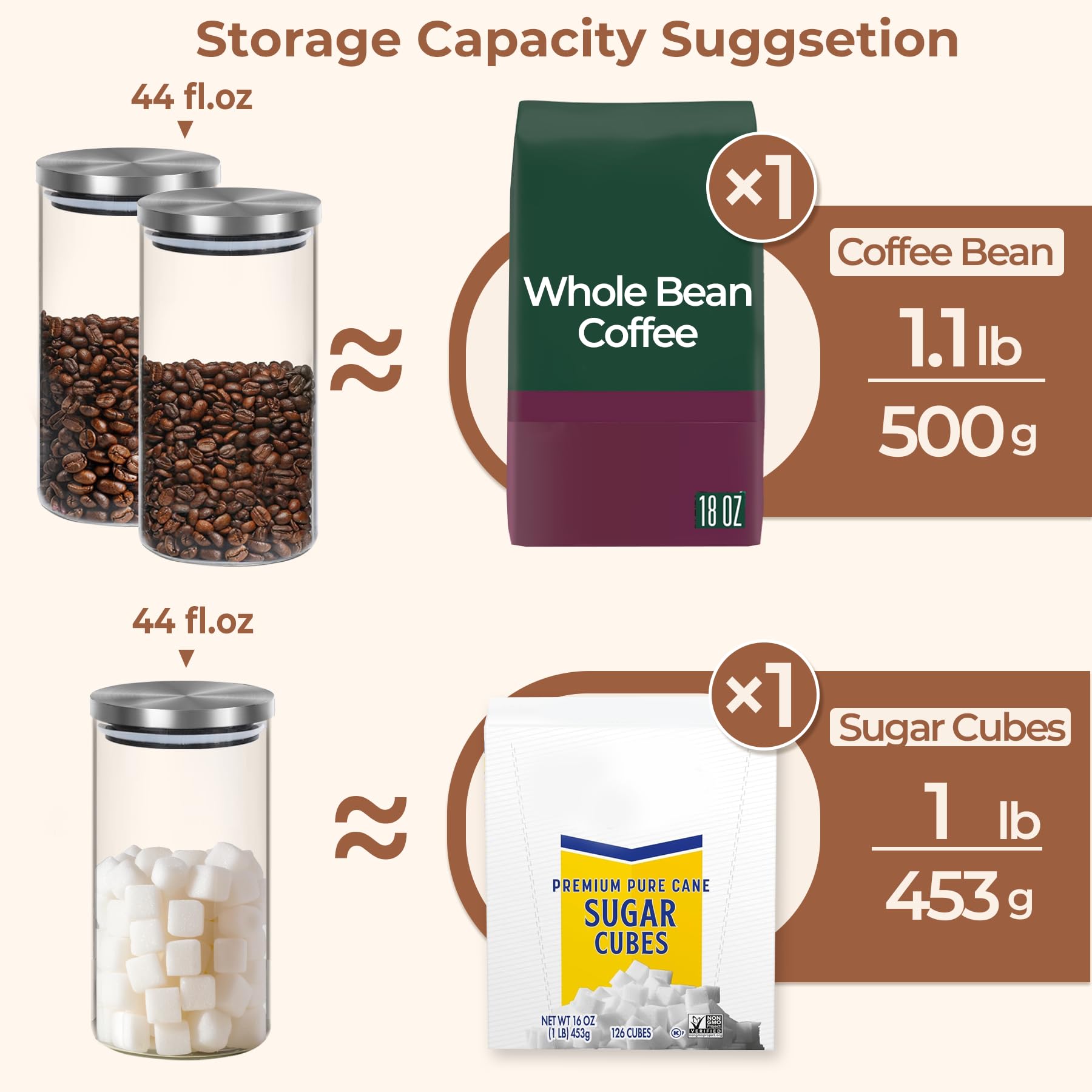 ComSaf 44oz Airtight Coffee Storage Canister with Stainless Steel Lid - 2 Pack Glass Coffee Containers for Ground Coffee & Beans, Includes Metal Scoop & Shelf - Perfect for Coffee Bars, Kitchens & Pantry Organization