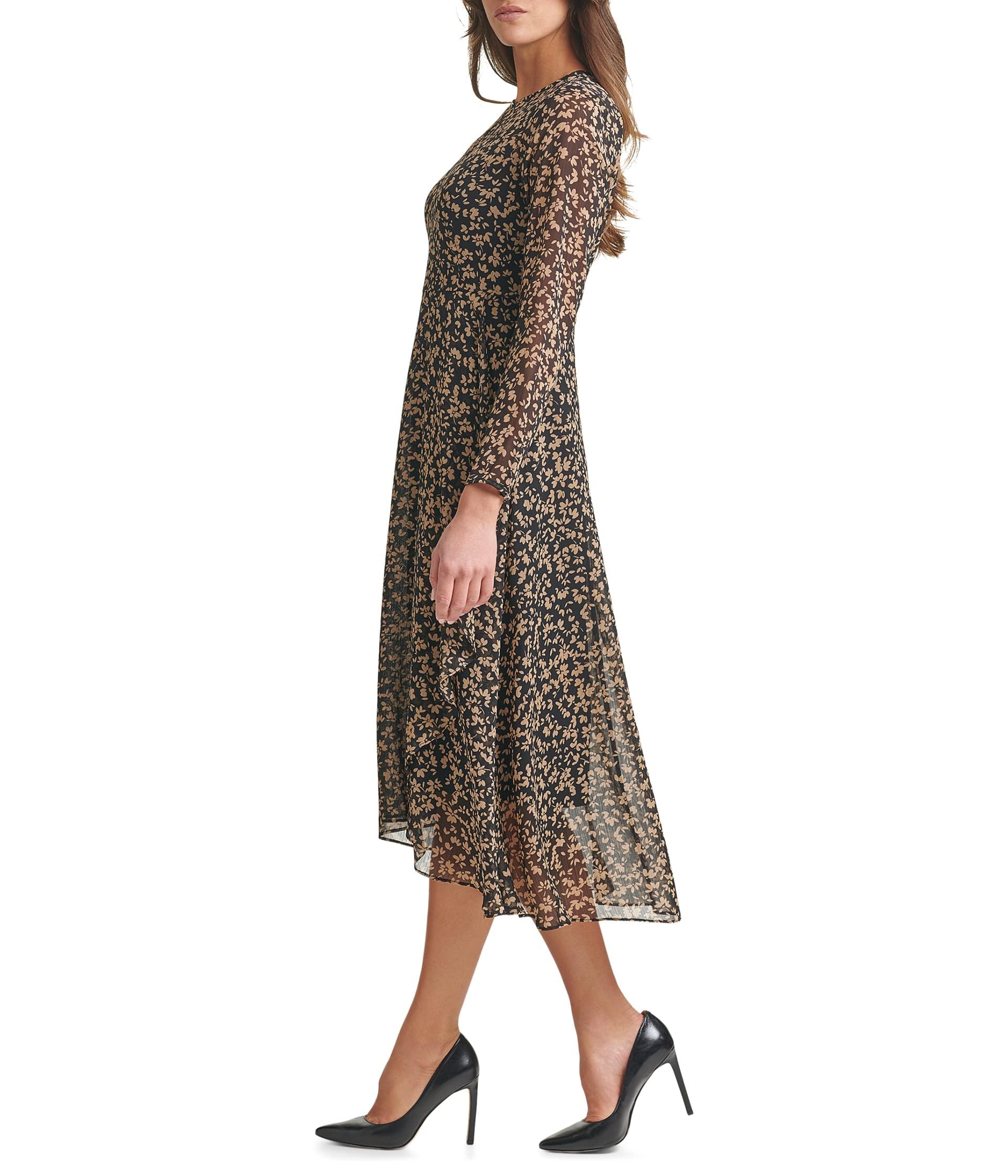 Tommy Hilfiger Women's Elegant Chiffon Long Sleeve Midi Dress - Black/Tannin, Size 14 | Perfect for Office Wear, Cocktail Parties & Special Occasions