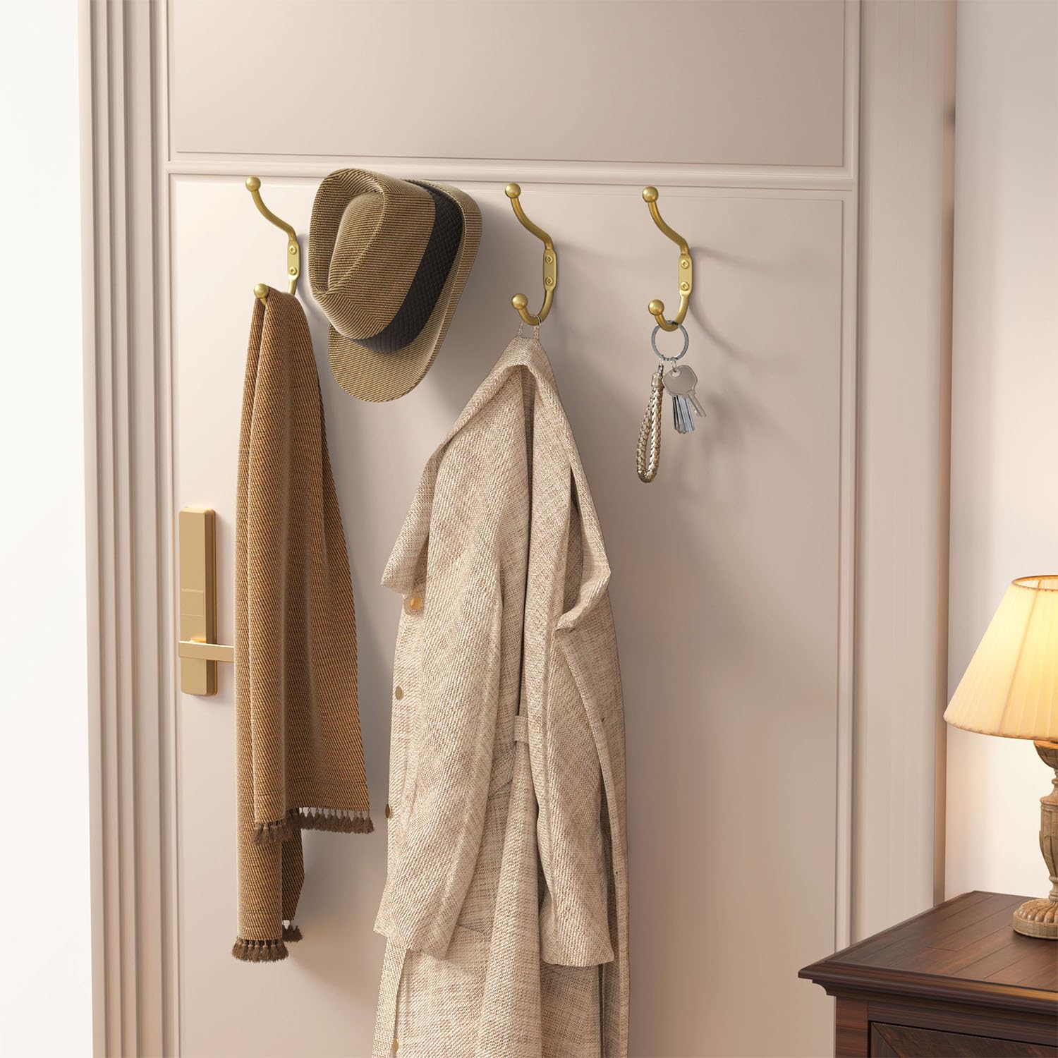 4 Pack Heavy Duty Gold Wall Mount Coat Hooks - Durable Metal Hooks for Hanging Clothes, Towels, Hats, Keys & Coats - Perfect for Mudroom, Entryway, Bathroom & Closet Organization