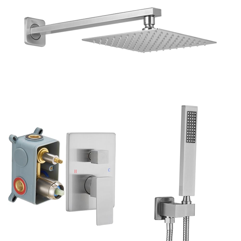 Luxury Brushed Nickel Shower System - Wall Mounted Rainfall Shower Head Combo Set with Brass Faucet & Rough-in Valve (Perfect for Modern Bathroom Renovations & Spa-Like Shower Experience)