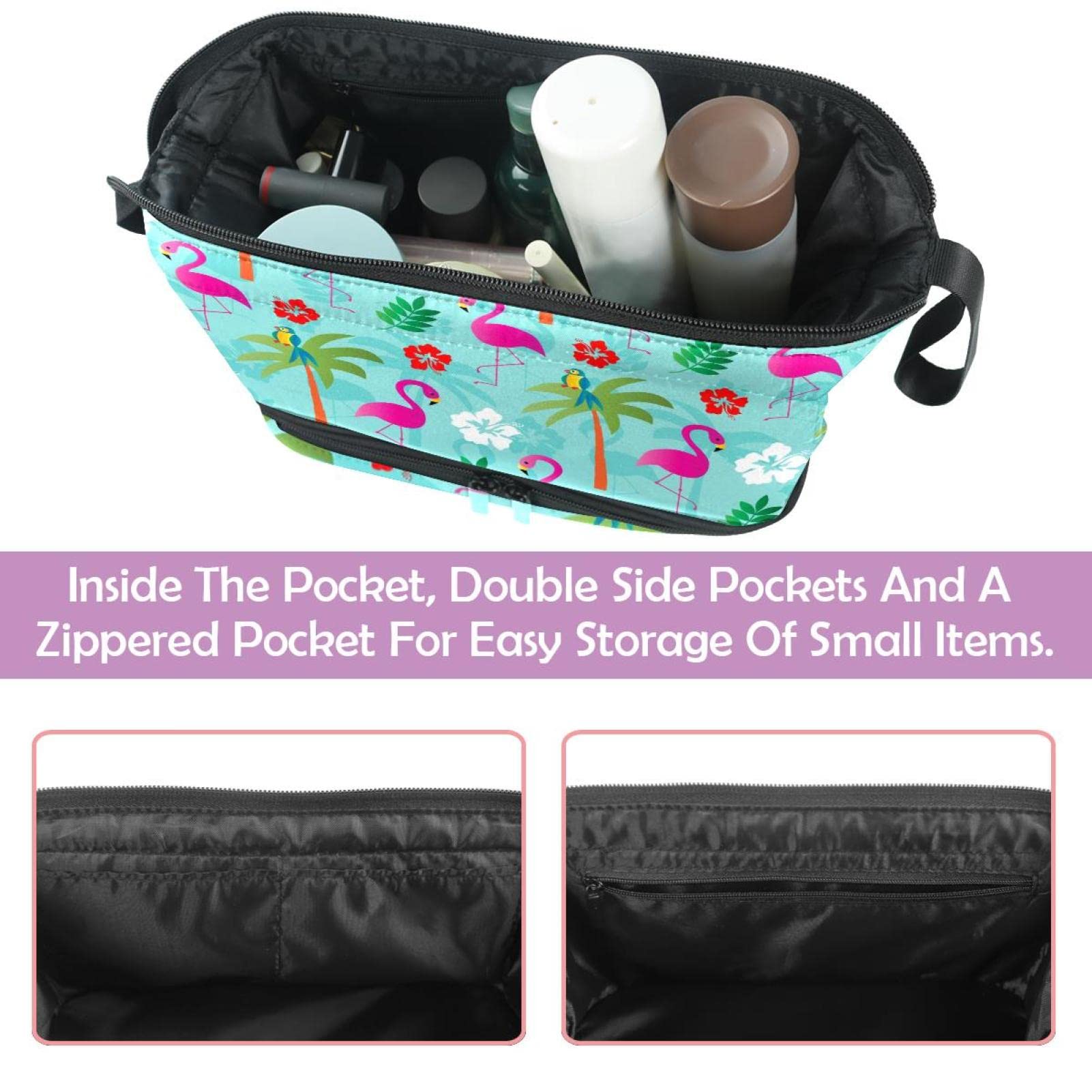 Flamingo and Palm Print Double Layer Makeup Bag for Women - Large Roomy Cosmetic Organizer with Zipper - Perfect for Travel, Gym, and Daily Toiletry Storage