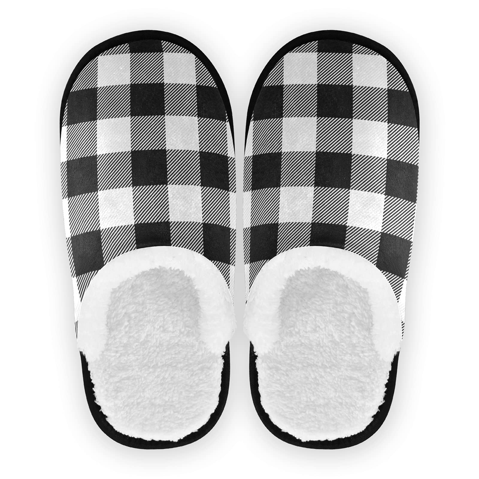 Geometric White Black Buffalo Plaid Slippers for Women, Men & Kids - Cozy Coral Fleece Indoor House Shoes for Winter, Bedroom & Lounge Wear