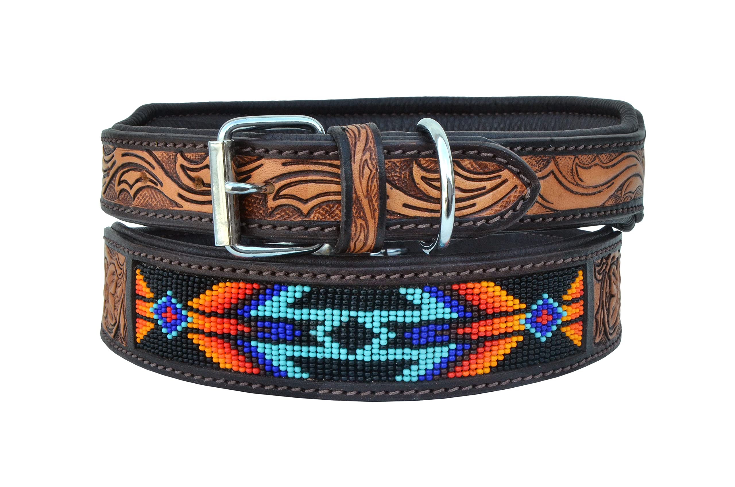 Western Style Leather Dog Collar - Heavy Duty Hand Tooled Adjustable Beaded Padded Soft Collar for Puppies & Large Dogs (10AB016) - Perfect for Training, Walks & Outdoor Adventures
