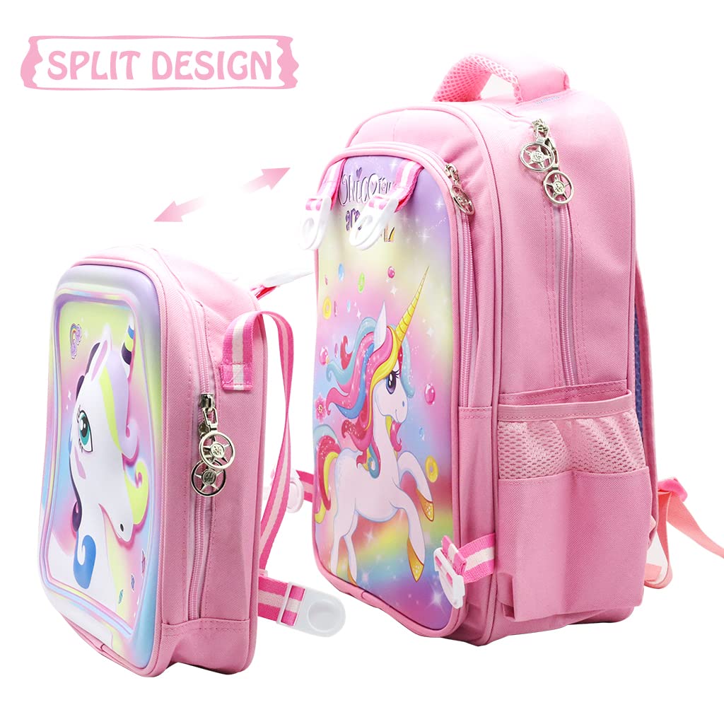 Venzina® 2 in 1 Unicorn Backpack & Messenger Bag - 16 Inch Cute Cartoon School Backpack for Girls, Kids Gift, Primary School Essentials (Pink) - Perfect for School, Travel & Daily Use