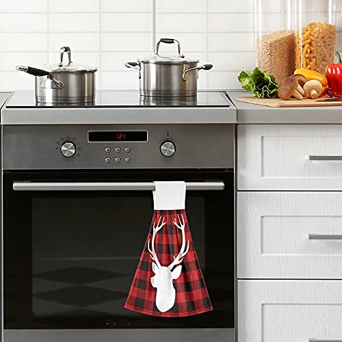 Christmas Lumberjack Deer Kitchen Towels - Red Buffalo Plaid Hanging Hand Towel Set of 2 - Soft Absorbent Coral Velvet for Bathroom, Dish Drying & Oven Handle - Perfect for Holiday Decor & Farmhouse Kitchen Decor