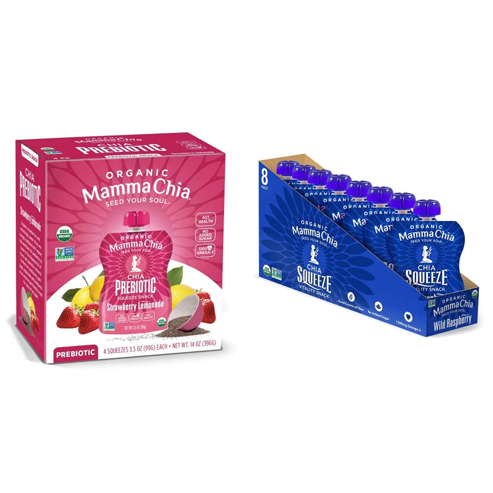 Organic Mamma Chia Prebiotic Squeeze Snacks - Strawberry Lemonade & Wild Raspberry Flavors - Vegan, Gluten-Free, Non-GMO Kids Snack for Lunch Boxes, On-the-Go Energy & Healthy Gut Support
