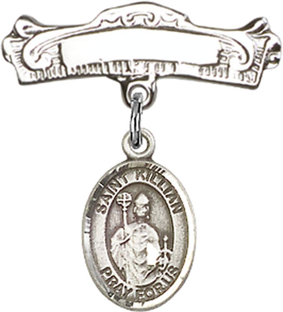 Sterling Silver Baby Badge with St. Kilian Charm - Elegant Arched Polished Pin for Christening, Baptism & Newborn Gifts | Handcrafted in USA | Perfect for Baby Showers, First Communion & Keepsake Jewelry