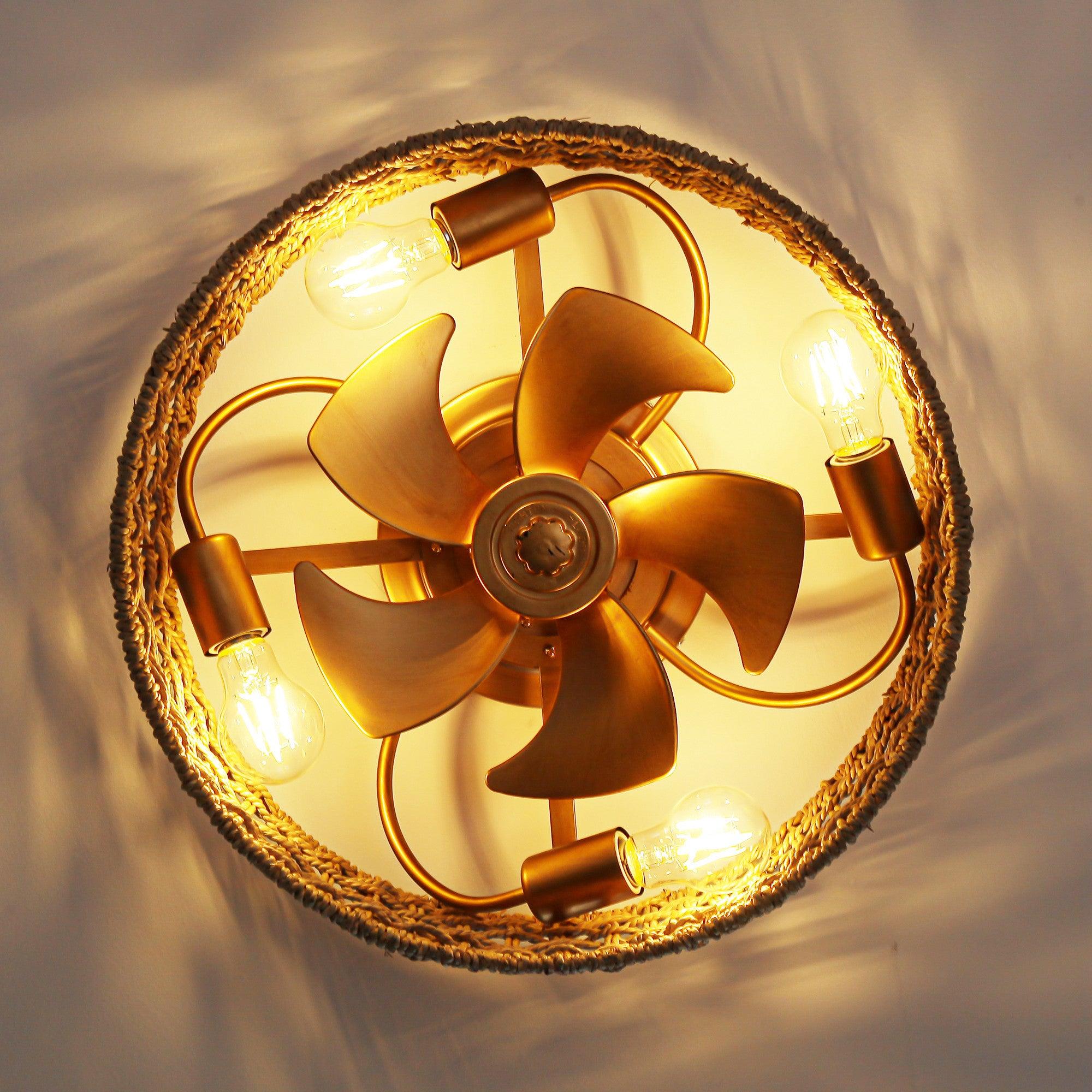 18 Inch Golden Farmhouse Rattan Flush Mount Ceiling Fan with Light - Smart APP & Remote Control - Perfect for Bedroom, Living Room, and Patio