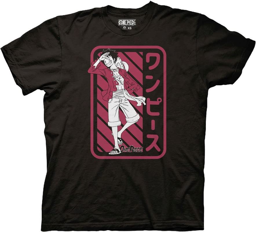 One Piece Anime T-Shirt for Men - Monkey D. Luffy Salute Graphic Tee with Japanese Text, Black Short Sleeve Shirt (Tall Size) | Perfect for Cosplay, Anime Conventions & Casual Wear